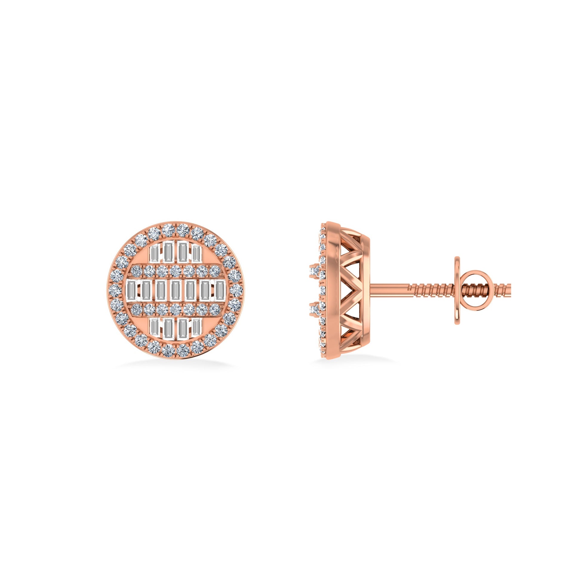 10K Rose Gold Round Baguette Diamond Designer Mens Stud Earring 3/8 Cttw