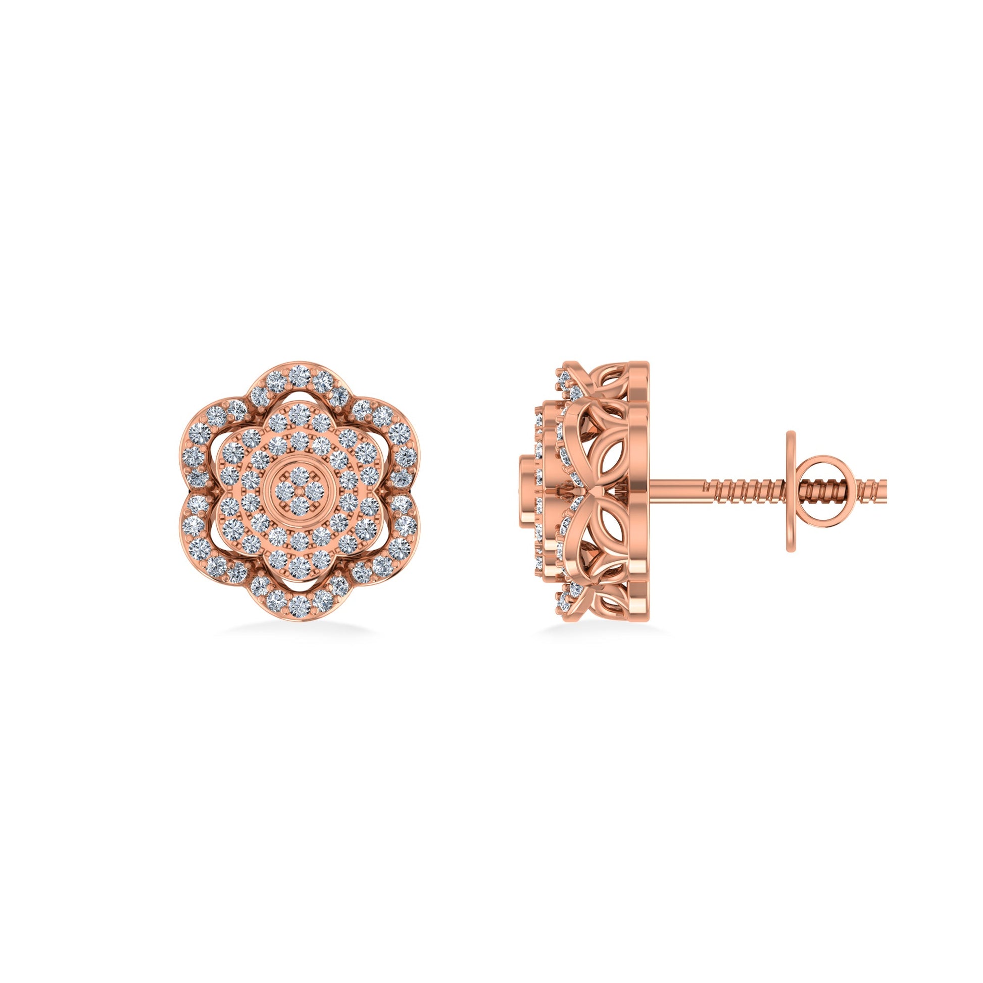 10K Rose Gold Round Diamond Floral Designer Mens Stud Earring 1/5 Cttw