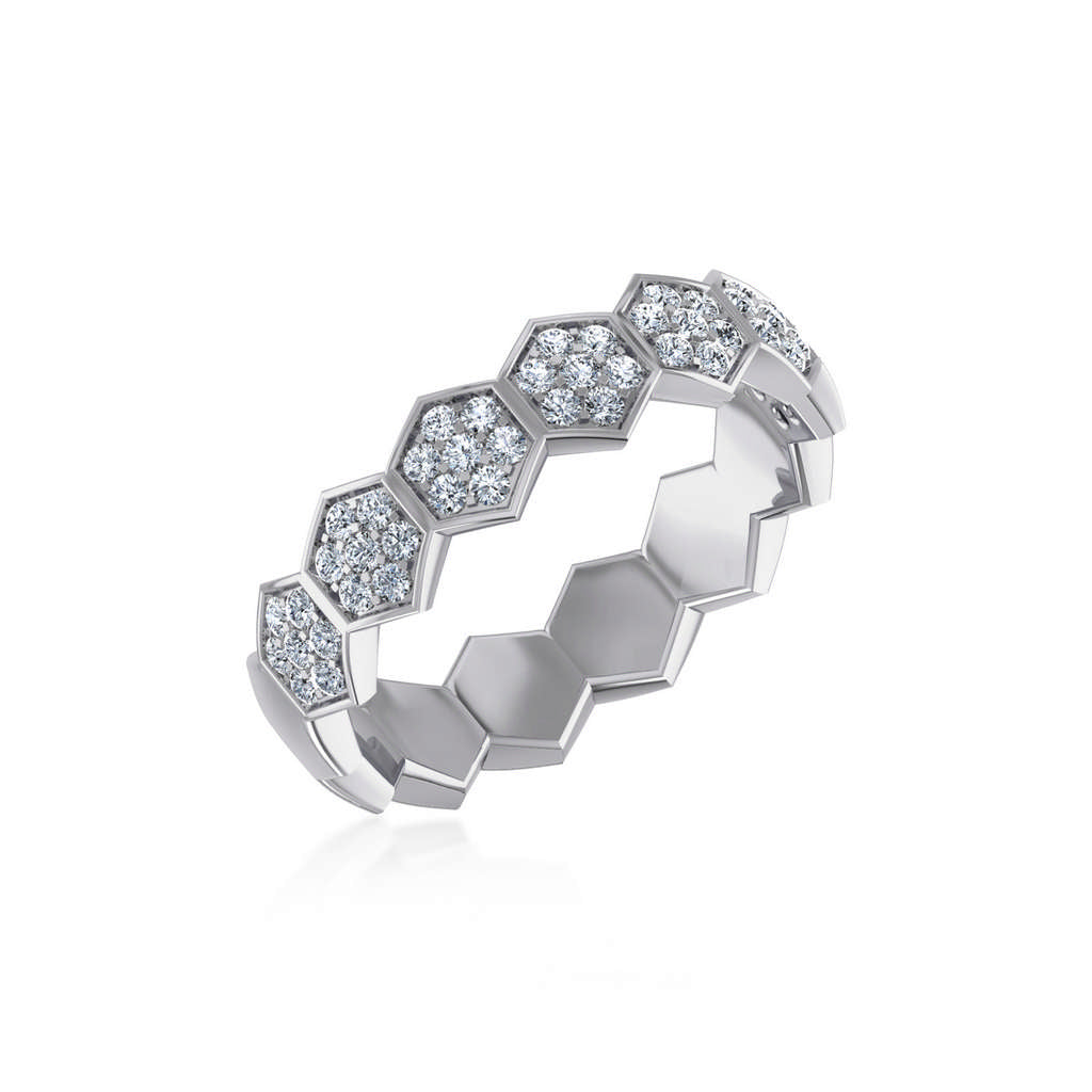 14K White Gold Round Diamond Prong Set Designer Couple Band 3/8 Cttw
