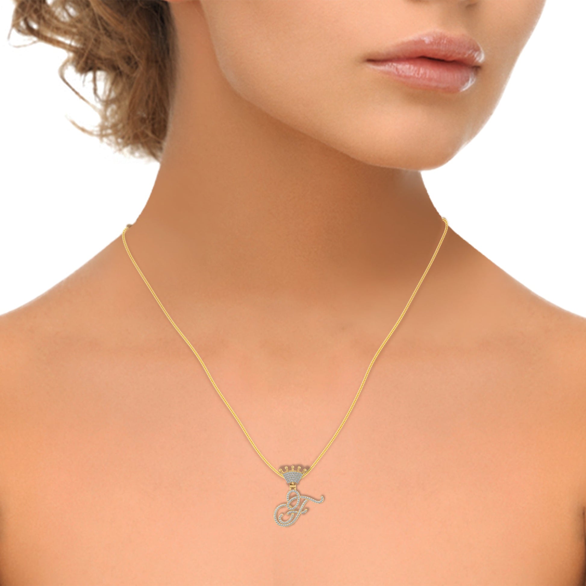 10K Yellow Gold Round Diamond Crown F Letter Initial Pendant 1/4 Cttw
