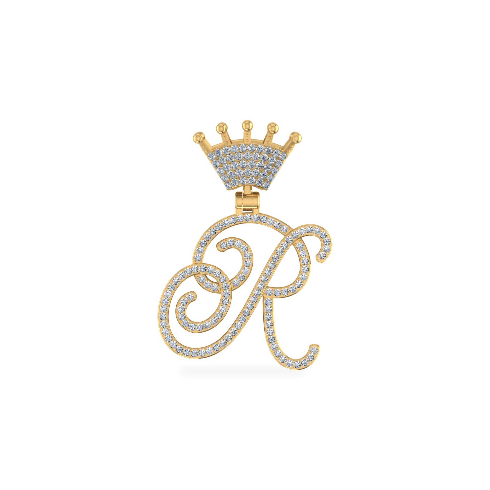 10K Yellow Gold Round Diamond Crown R Letter Initial Pendant 1/4 Cttw