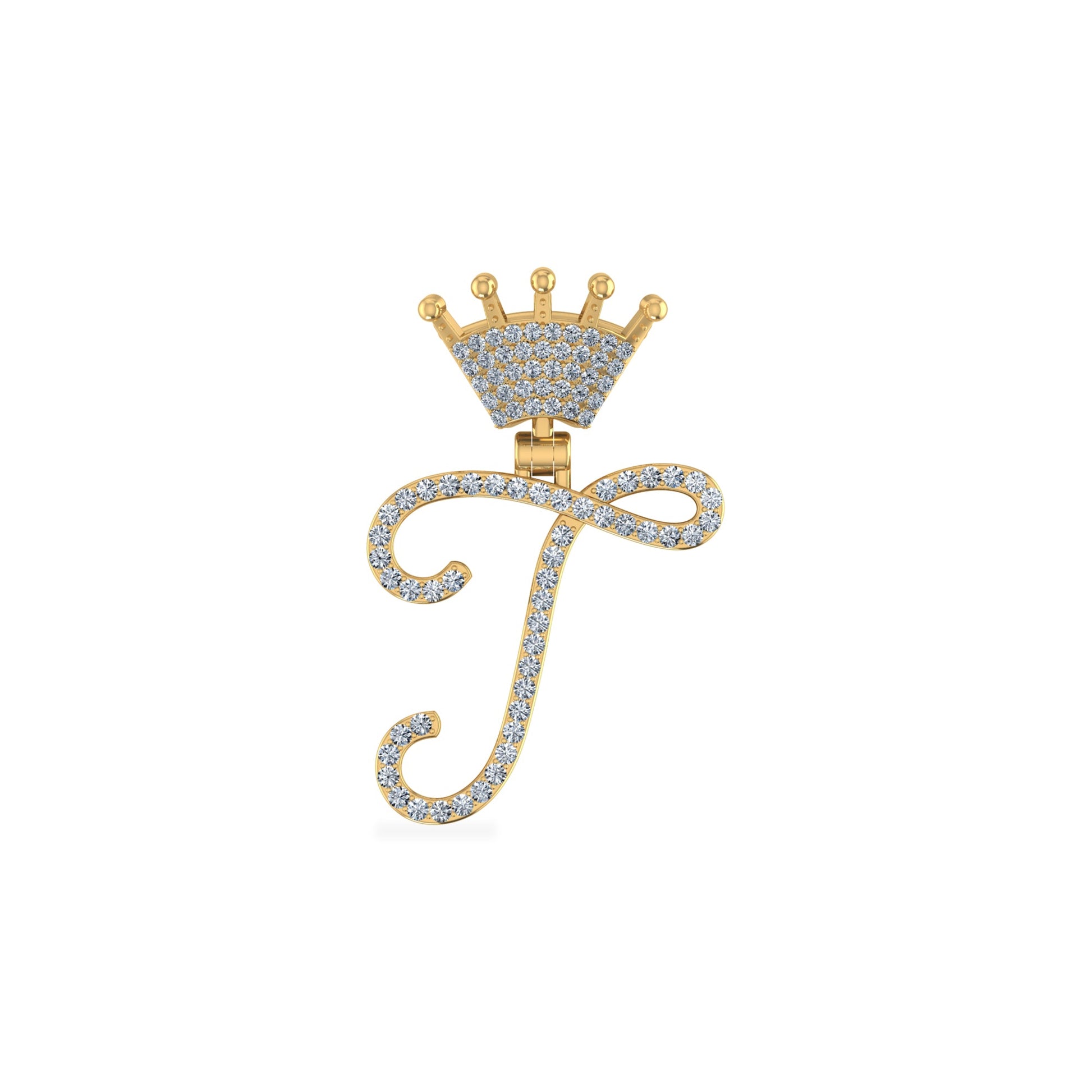 10K Yellow Gold Round Diamond Crown T Letter Initial Pendant 1/5 Cttw