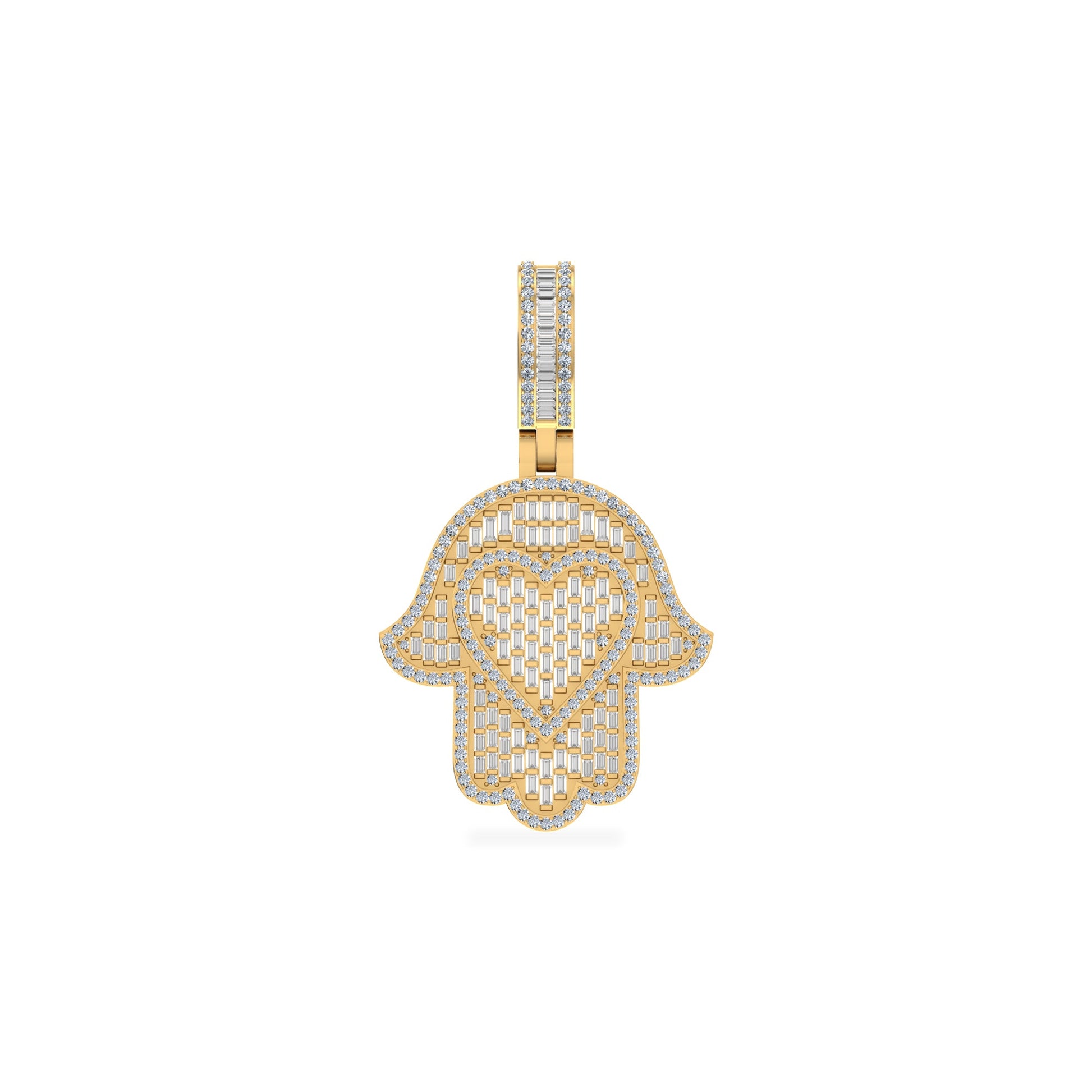 10K Yellow Gold Round Baguette Diamond Heart Hamza Hand Religious Charm Pendant 1-3/4 Cttw
