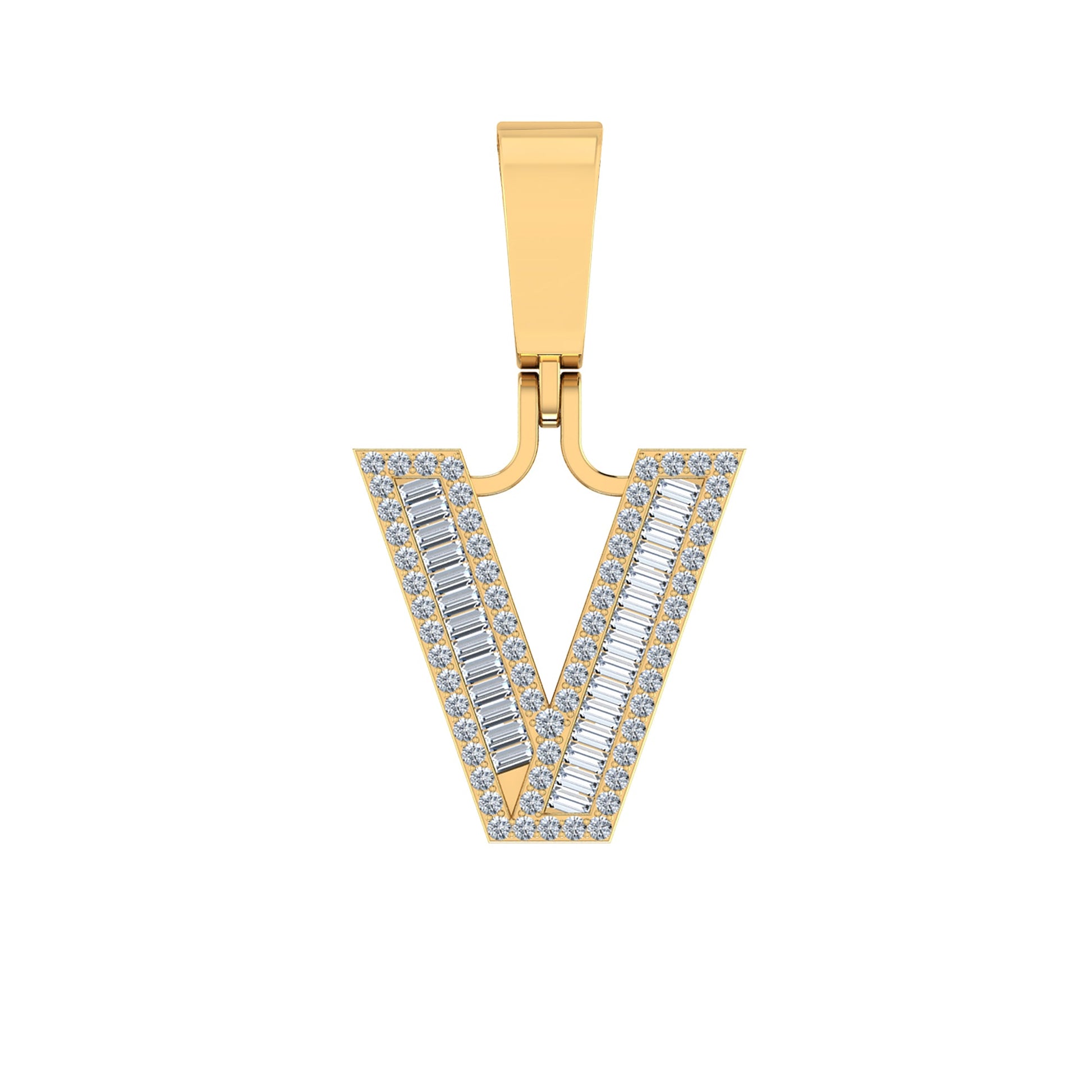 10K Yellow Gold Baguette Diamond Initial V Letter Pendant 1/3 Cttw