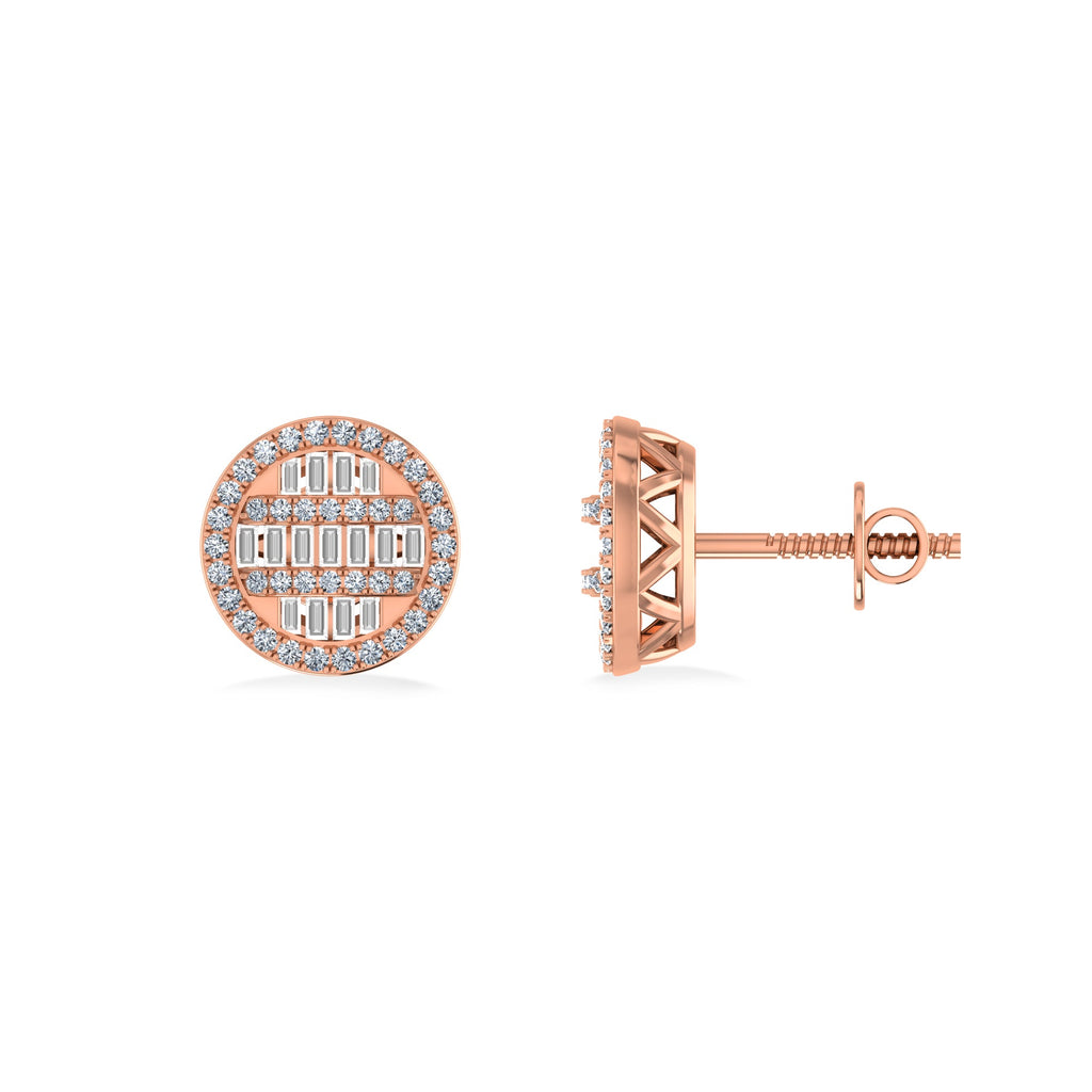 10K Rose Gold Round Baguette Diamond Designer Mens Stud Earring 3/8 Cttw