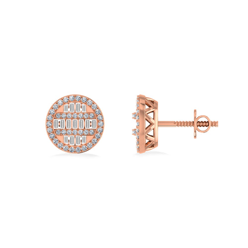10K Rose Gold Round Baguette Diamond Designer Mens Stud Earring 3/8 Cttw