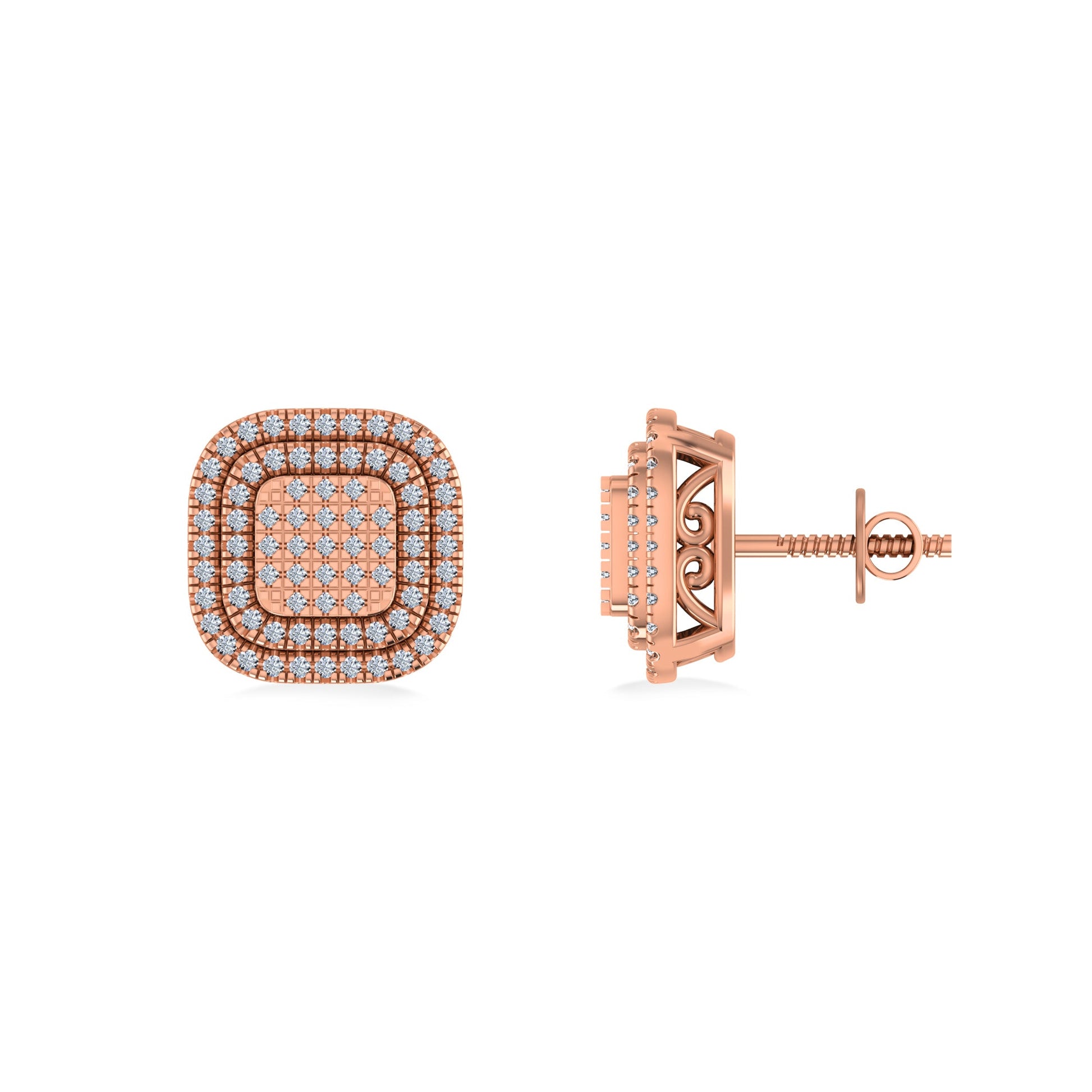 10K Rose Gold Round Diamond Square Shape Designer Mens Halo Stud Earring 1/3 Cttw
