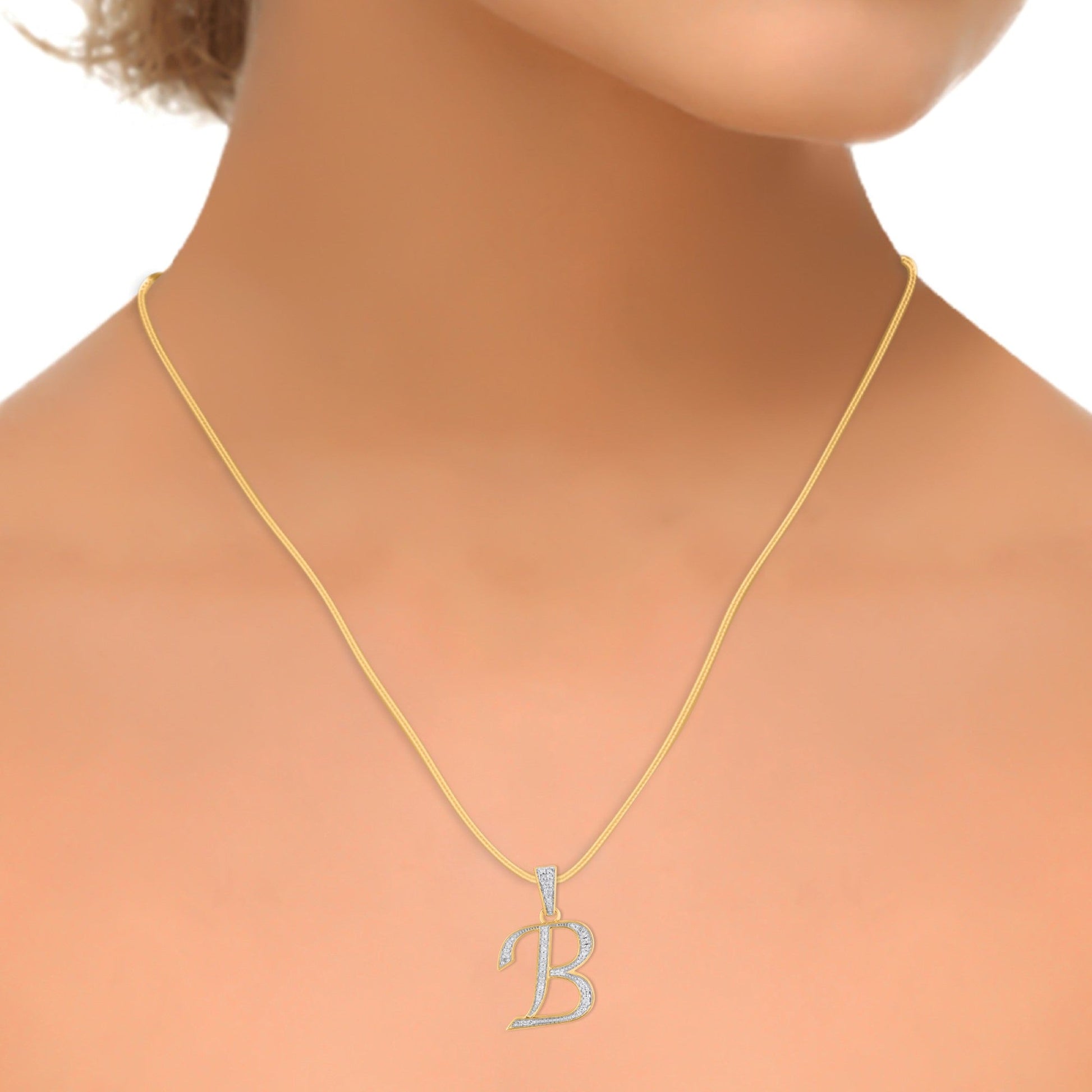 10K Yellow Gold Round Diamond B Letter Initial Pendant 1/10 Cttw