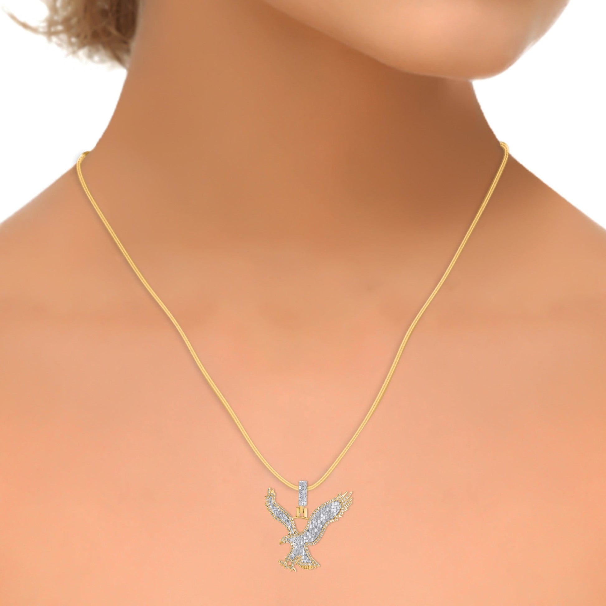 10K Yellow Gold Round Baguette Diamond Eagle Animal Pendant 1-1/5 Cttw