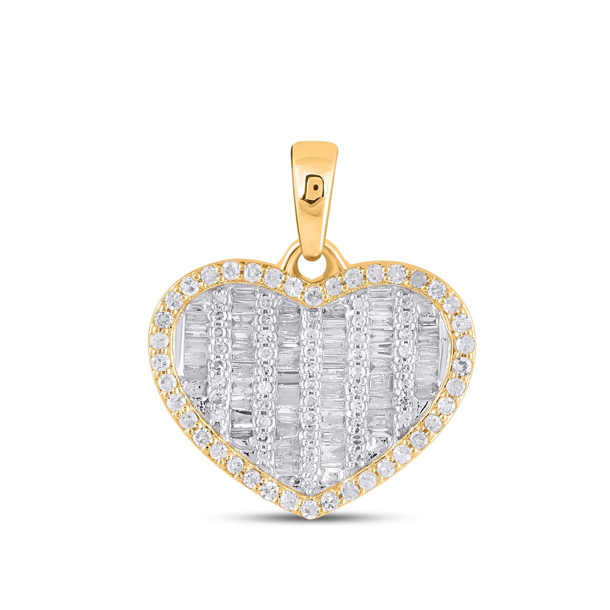 10K Yellow Gold Round Baguette Diamond Heart Pendant 1/2 Cttw