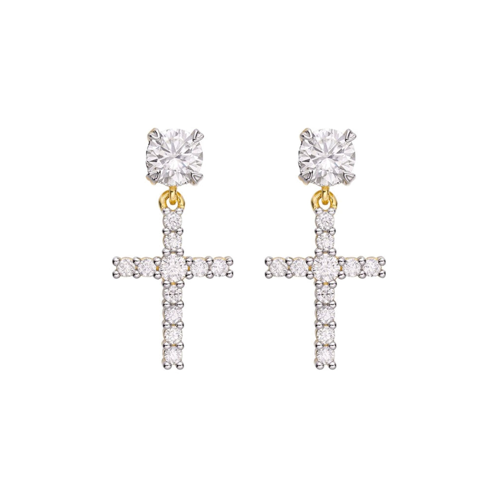 Sterling Silver Round Moissanite Cross Religious Stud Earrings RP+GP 7/8 Cttw