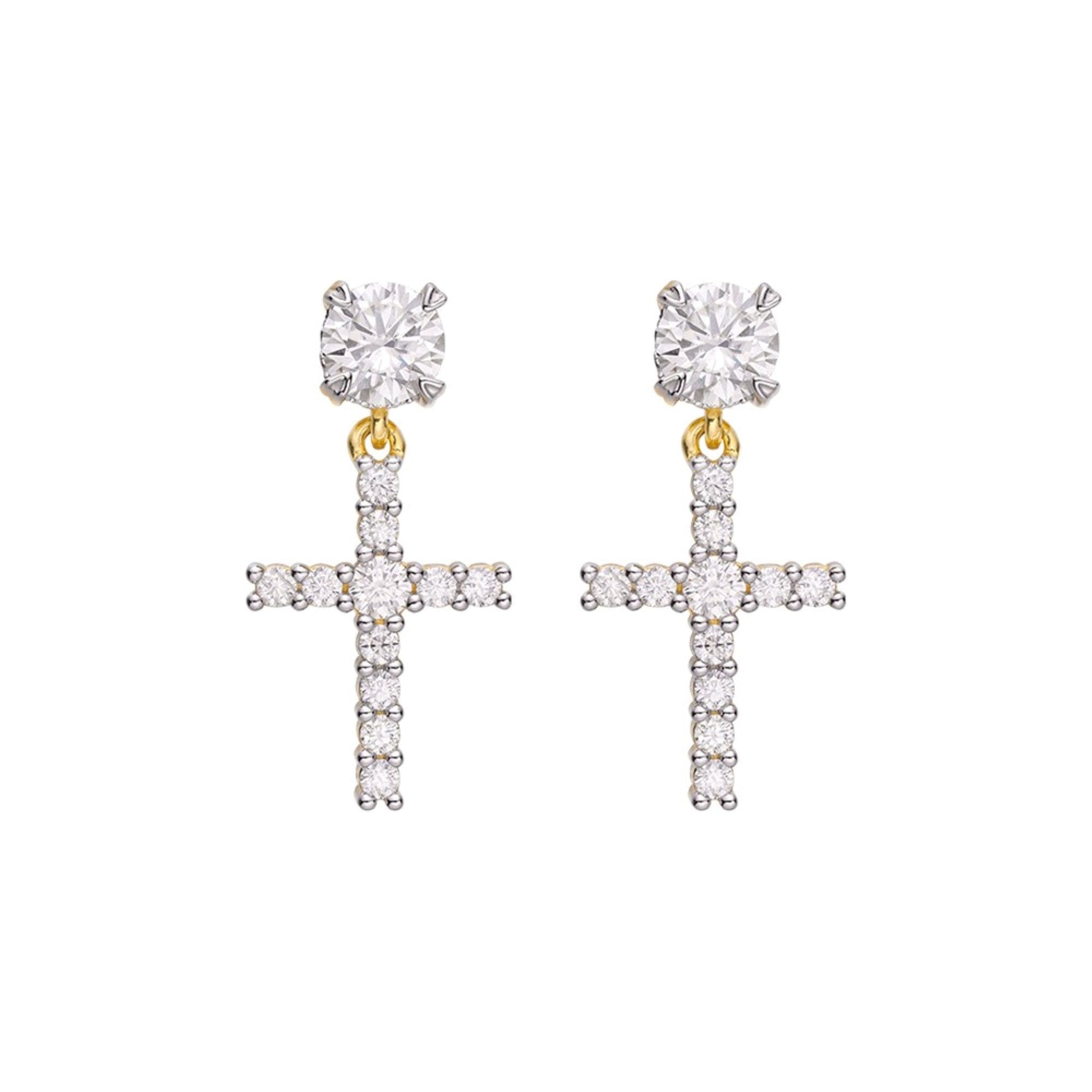 Sterling Silver Round Moissanite Cross Religious Stud Earrings RP+GP 7/8 Cttw