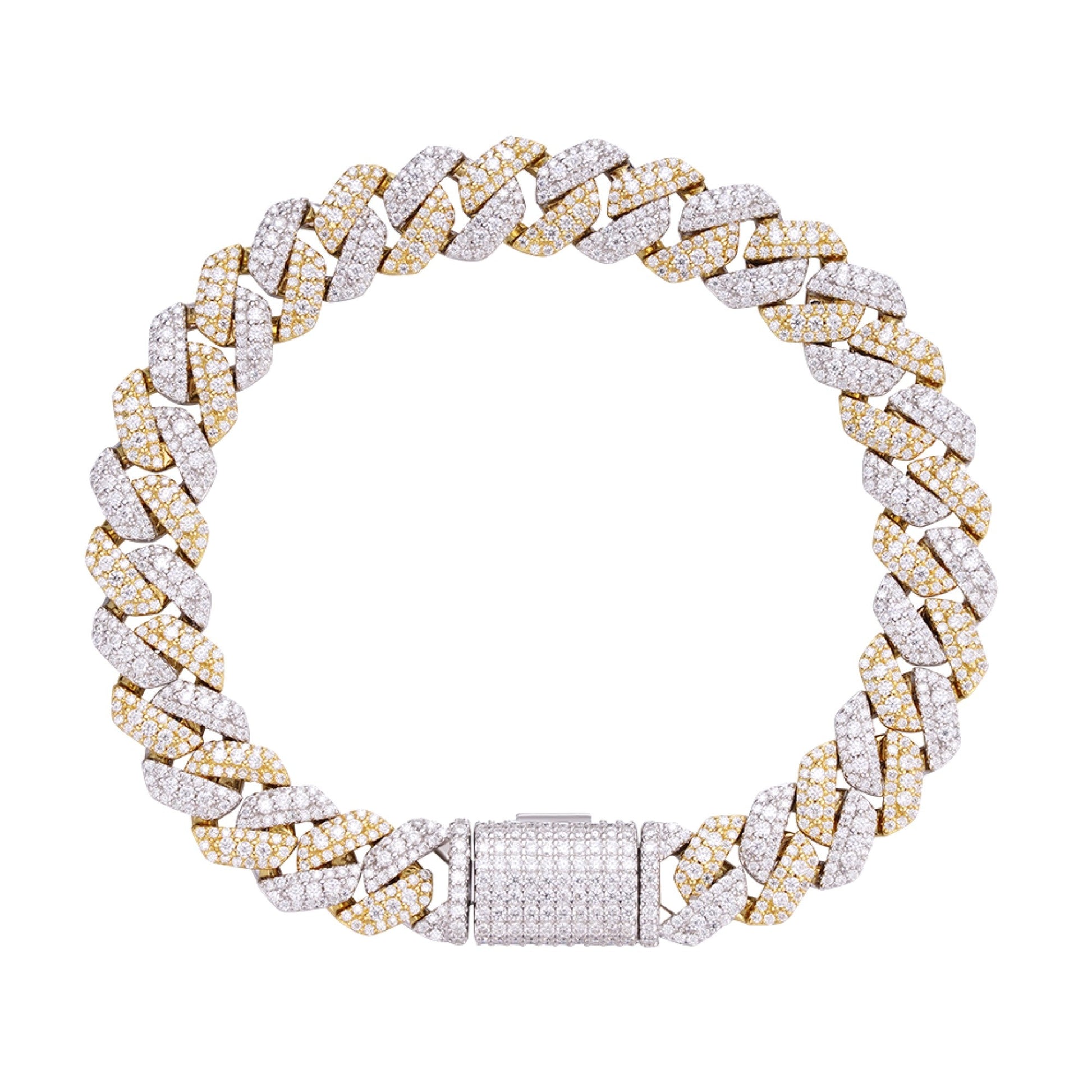 Sterling Silver Round Big Stone in Center Surrounded with Small Stones 10mm Moissanite Cuban Chain 8 Inch Bracelet RP+GP 6-7/8 Cttw