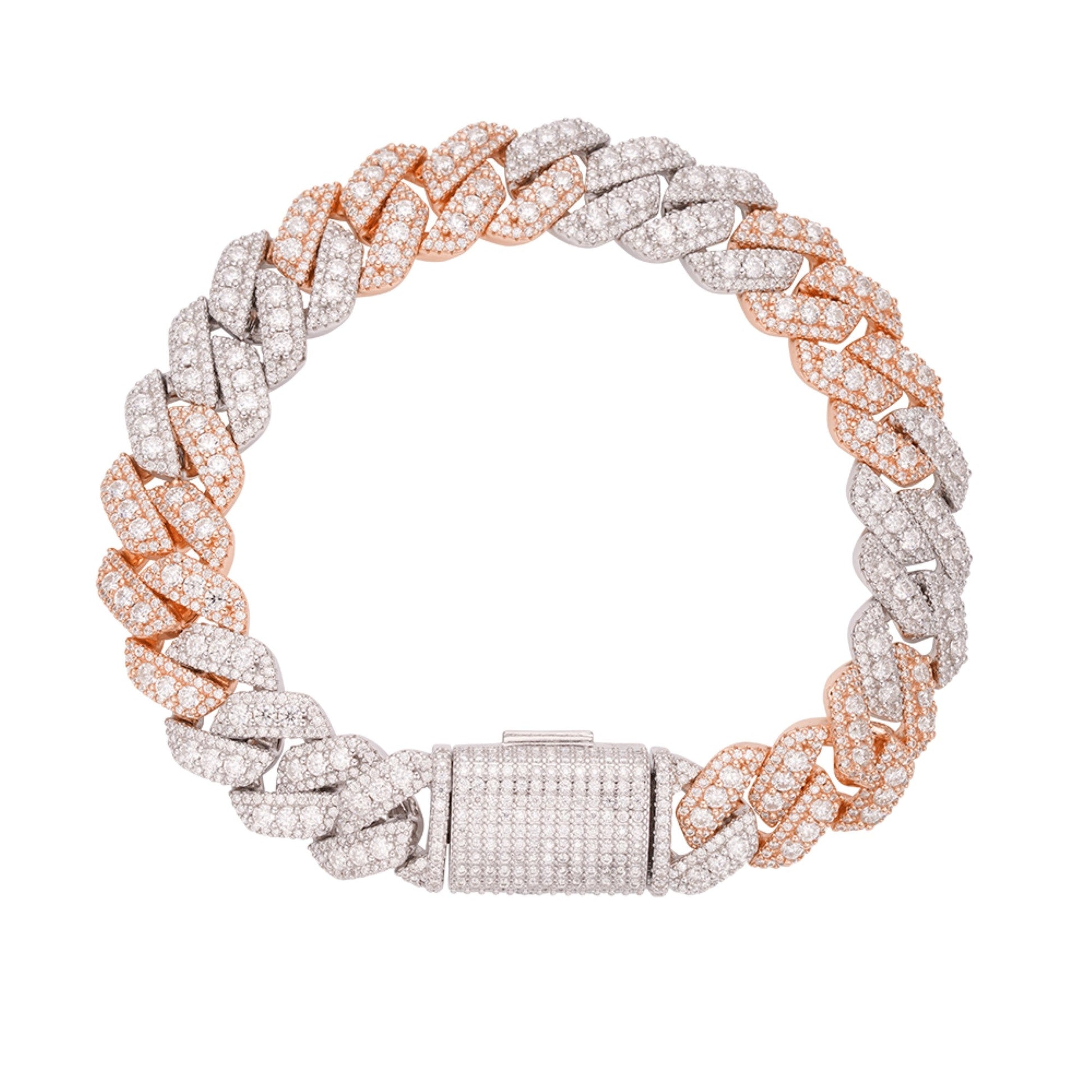 Sterling Silver Round Big Stone in Center Surrounded with Small Stones 12mm Moissanite Cuban Chain 8Inch Bracelet RP+PP 10-7/8 Cttw