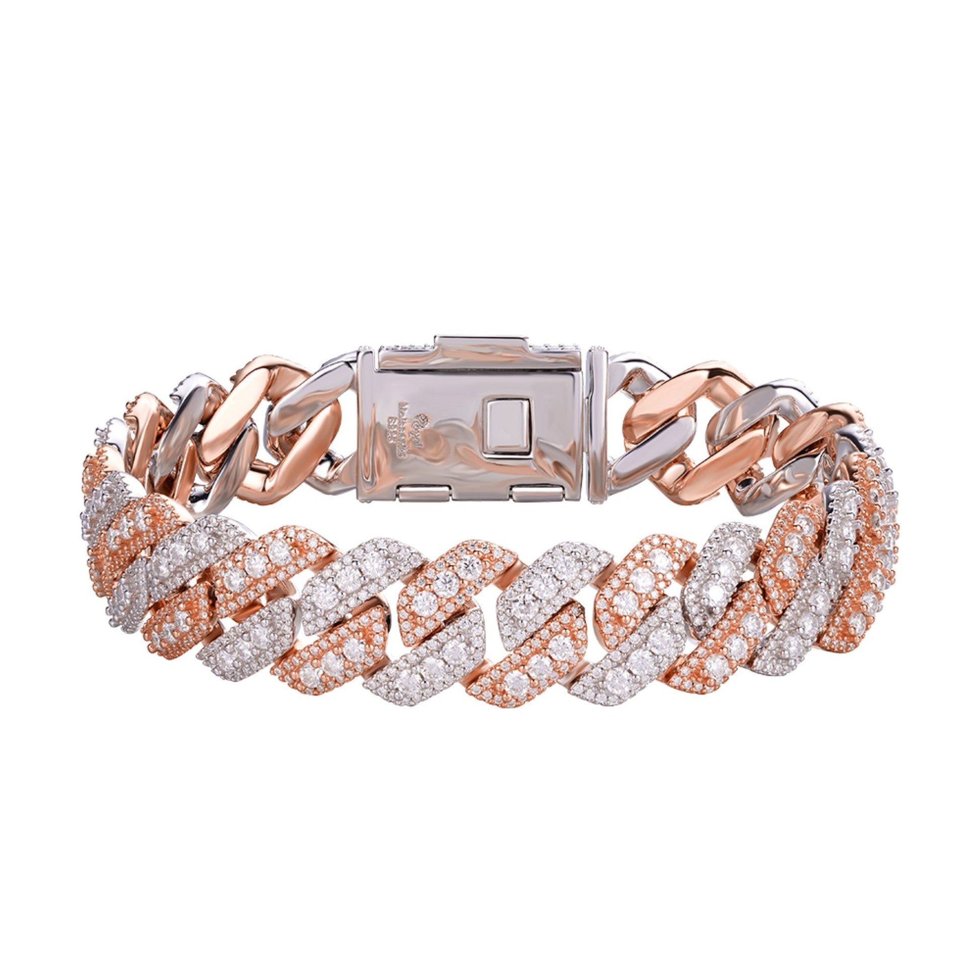 Sterling Silver Round Big Stone in Center Surrounded with Small Stones 14mm Moissanite Cuban Chain 8Inch Bracelet RP+PP 12-3/4 Cttw