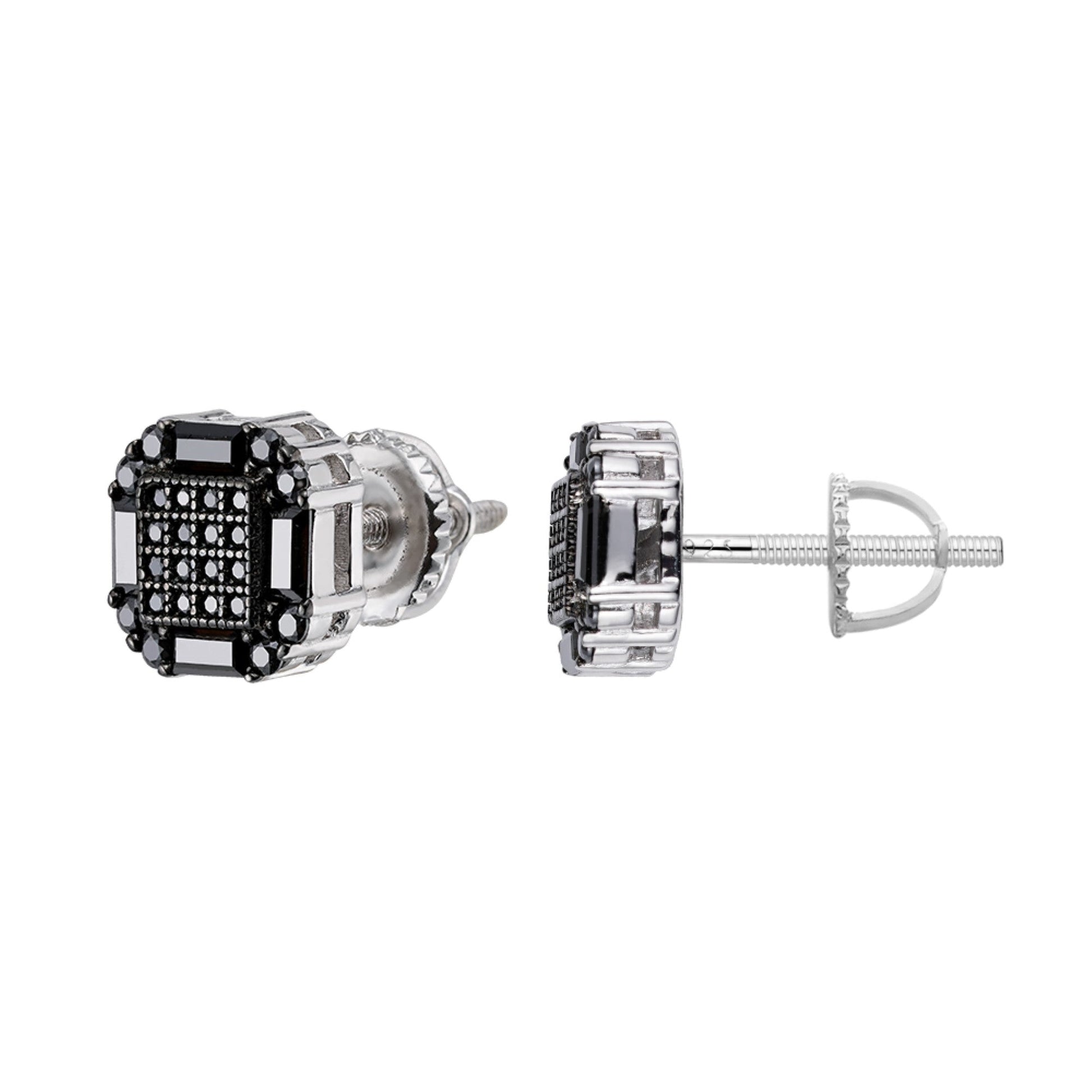 Sterling Silver Round Baguette Black Moissanite Square Shape Stud Earrings BP+RP 7/8 Cttw