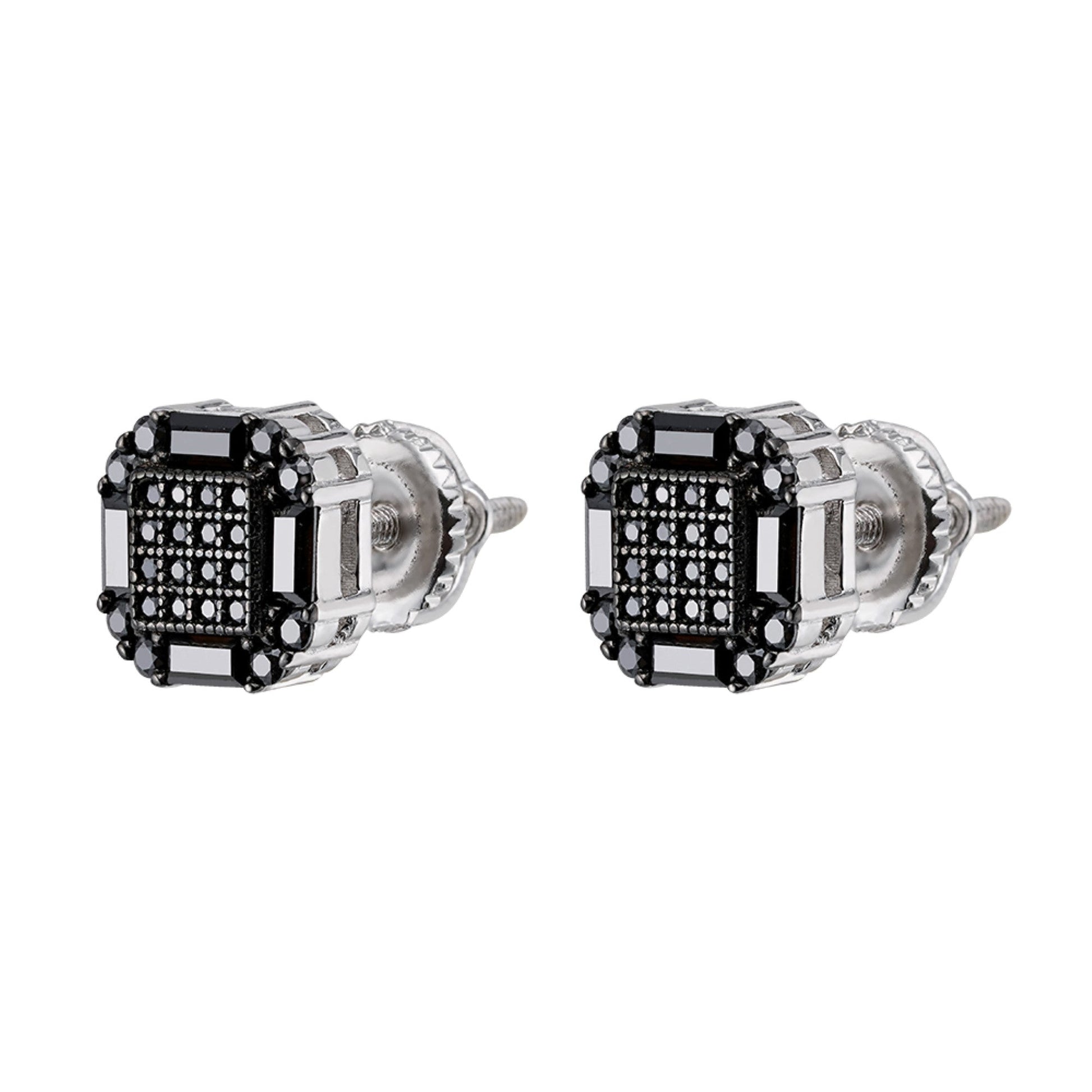 Sterling Silver Round Baguette Black Moissanite Square Shape Stud Earrings BP+RP 7/8 Cttw