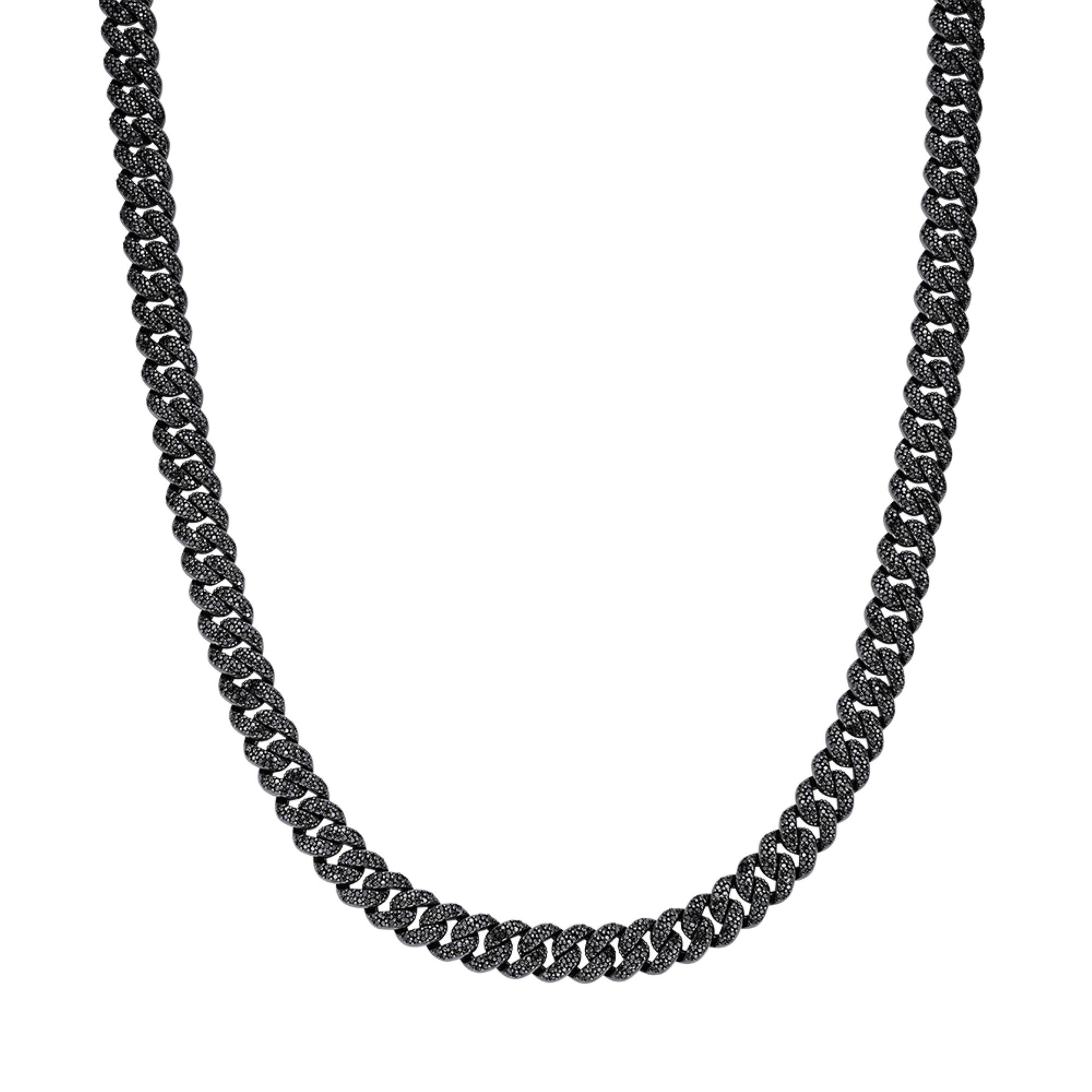Sterling Silver 10mm Round Black Moissanite Miami Cuban Chain 22 Inch Mens Necklace BP+BP 13-5/8 Cttw