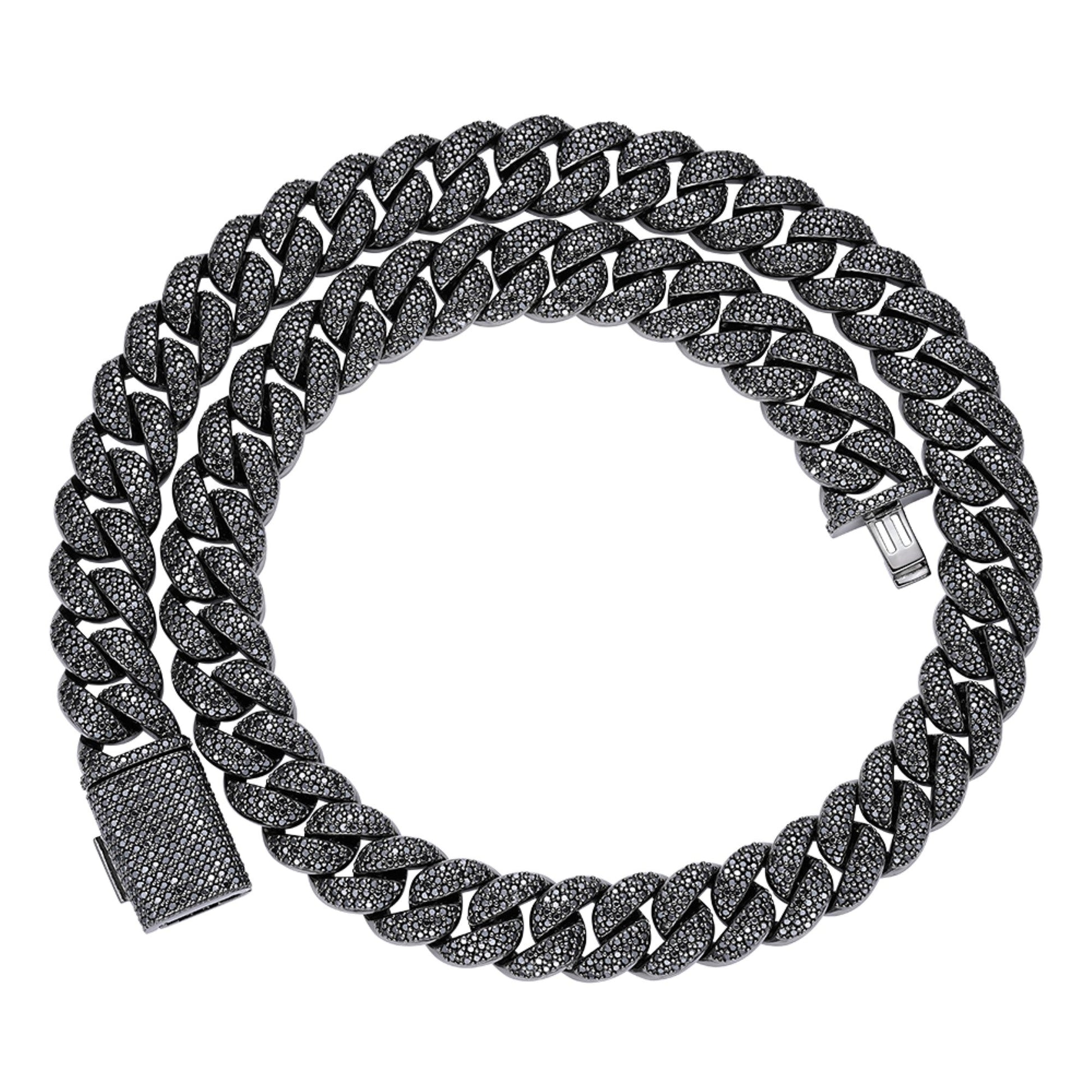 Sterling Silver 15mm Round Black Moissanite Miami Cuban Chain 22 Inch Mens Necklace BP+BP 27-1/3 Cttw