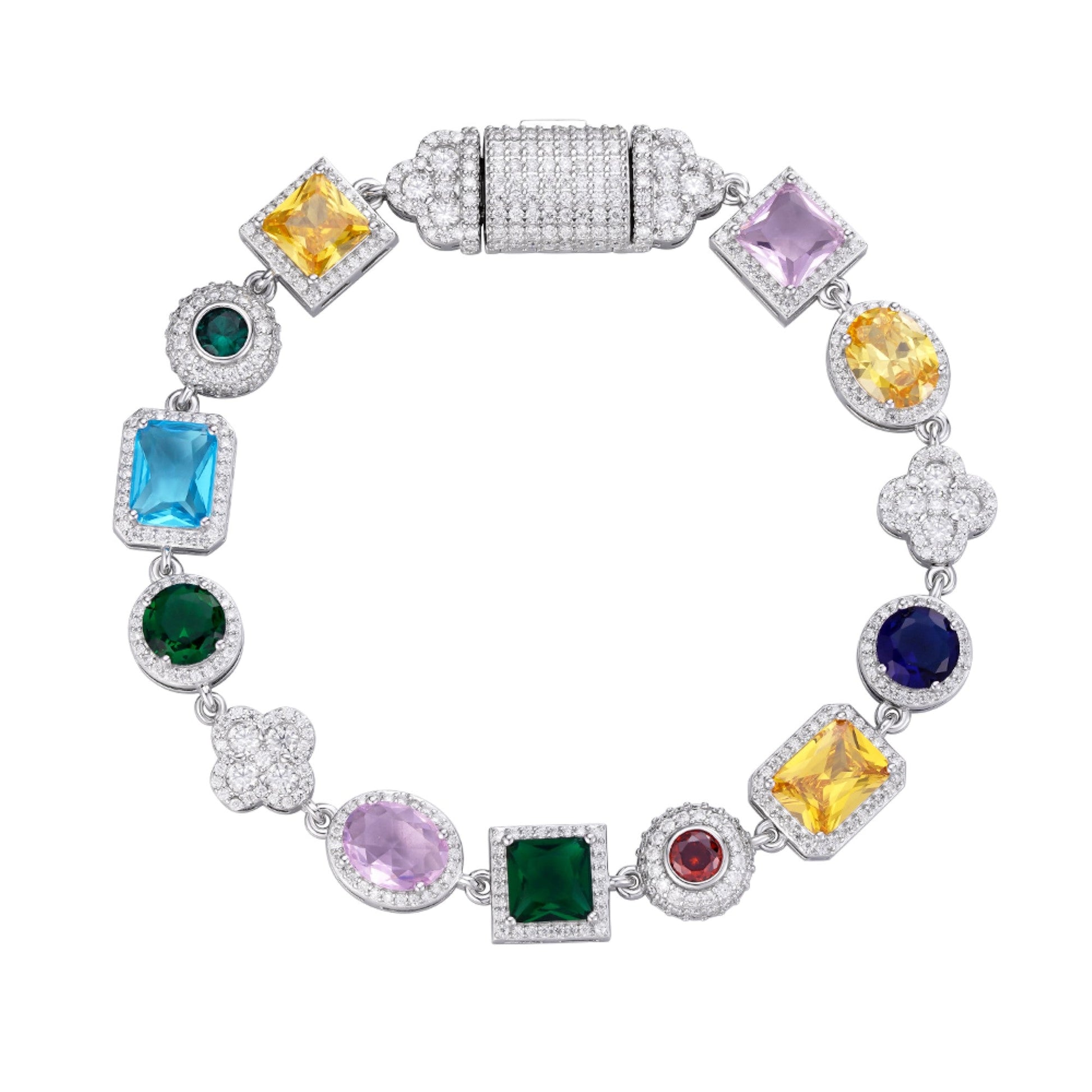 Sterling Silver Round Moissanite 4 Stone Flower with Color Stone Designer 8 Inch Bracelet RP 4-7/8 Cttw
