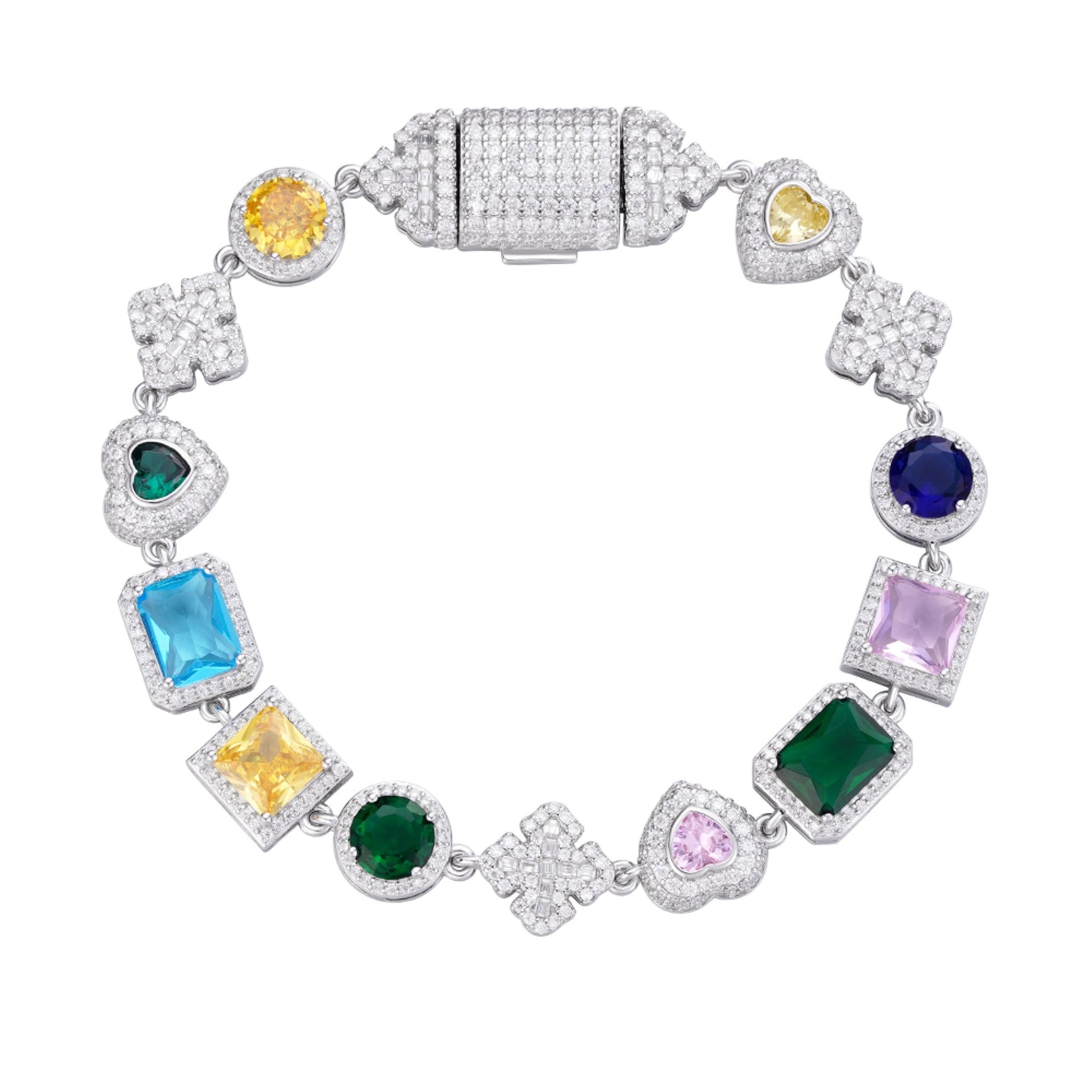 Sterling Silver Round Moissanite Cross with Color Stone Designer 8 Inch Bracelet RP 4-3/8 Cttw