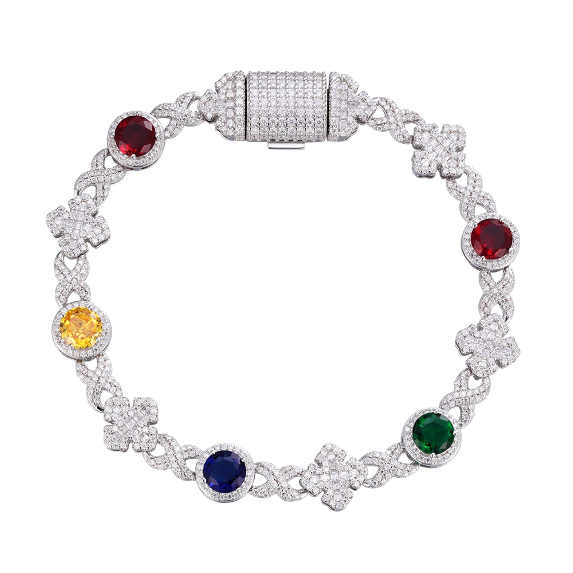 Sterling Silver Round Moissanite Cross Infinity with Color Stone Designer 8 Inch Bracelet RP 5 Cttw