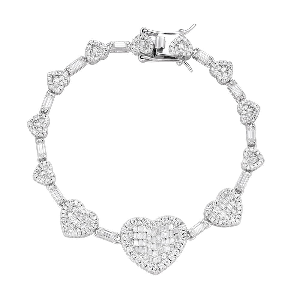 Sterling.Silver Round Baguette Moissanite Heart Link Designer 7 Inch Bracelet RP 7 Cttw