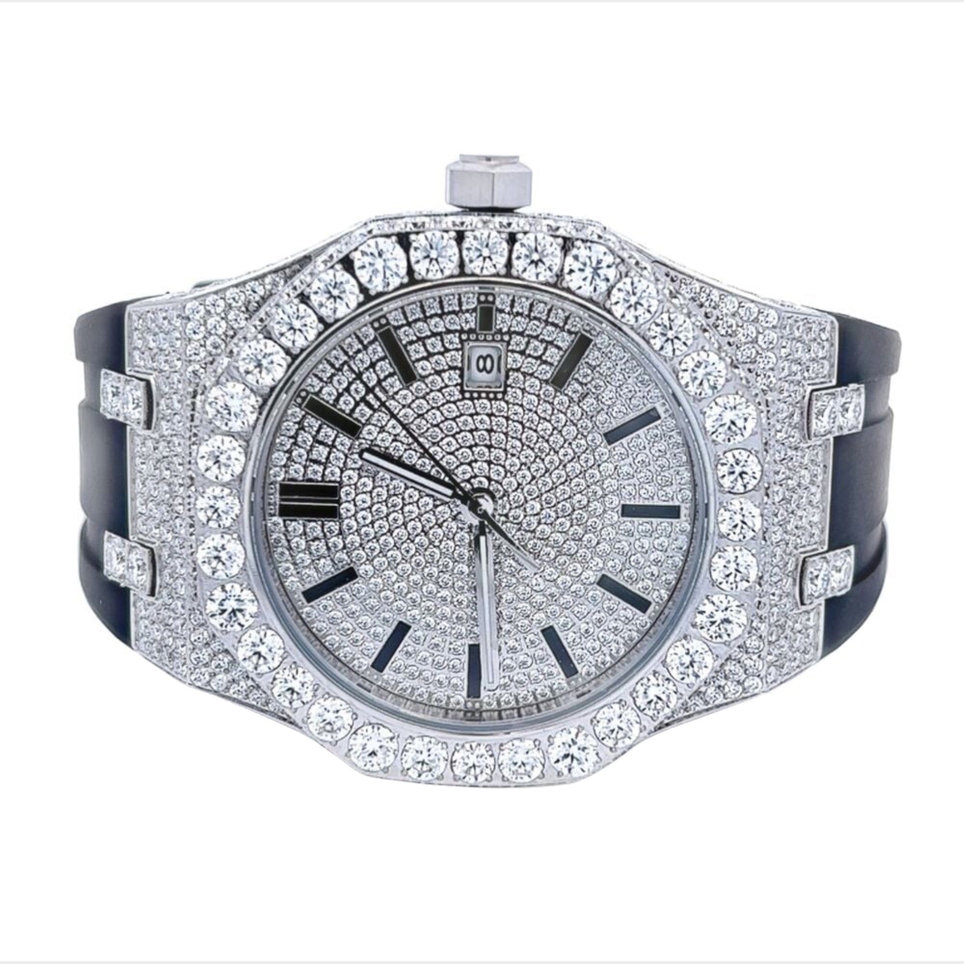 Moissanite Stainless Steel Watch Black Rubber Band 15-3/4 Cttw
