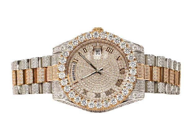 Moissanite Stainless Steel Rose Two Tone Band Mens Watch 17-1/3 Cttw