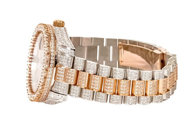 Moissanite Stainless Steel Rose Two Tone Band Mens Watch 17-1/3 Cttw