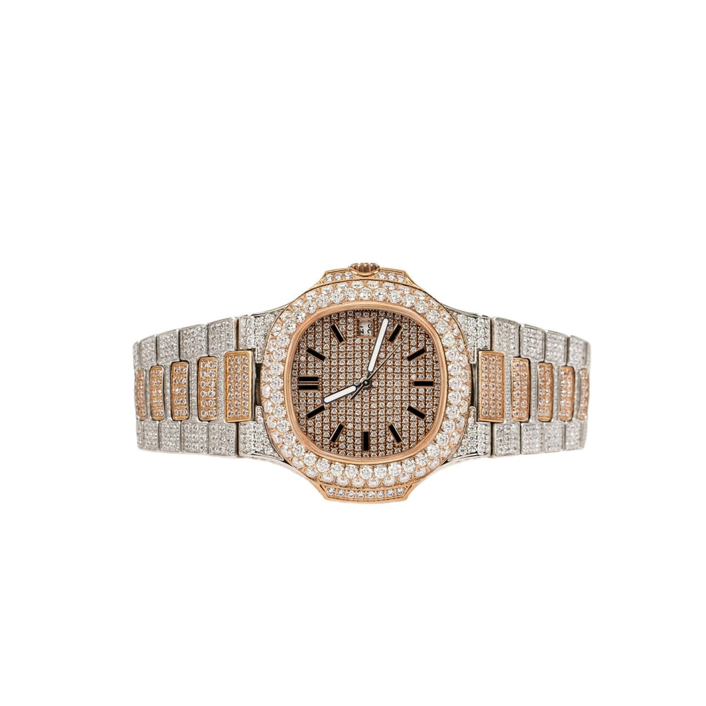 Moissanite Stainless Steel Rose Two Tone Band Mens Watch 18-1/3 Cttw