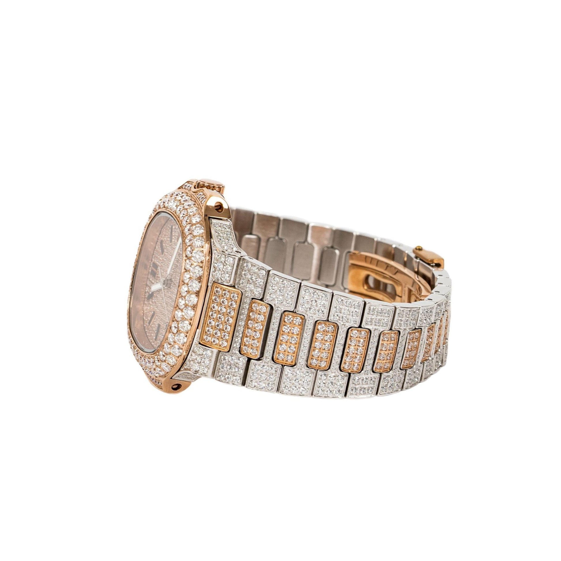 Moissanite Stainless Steel Rose Two Tone Band Mens Watch 18-1/3 Cttw