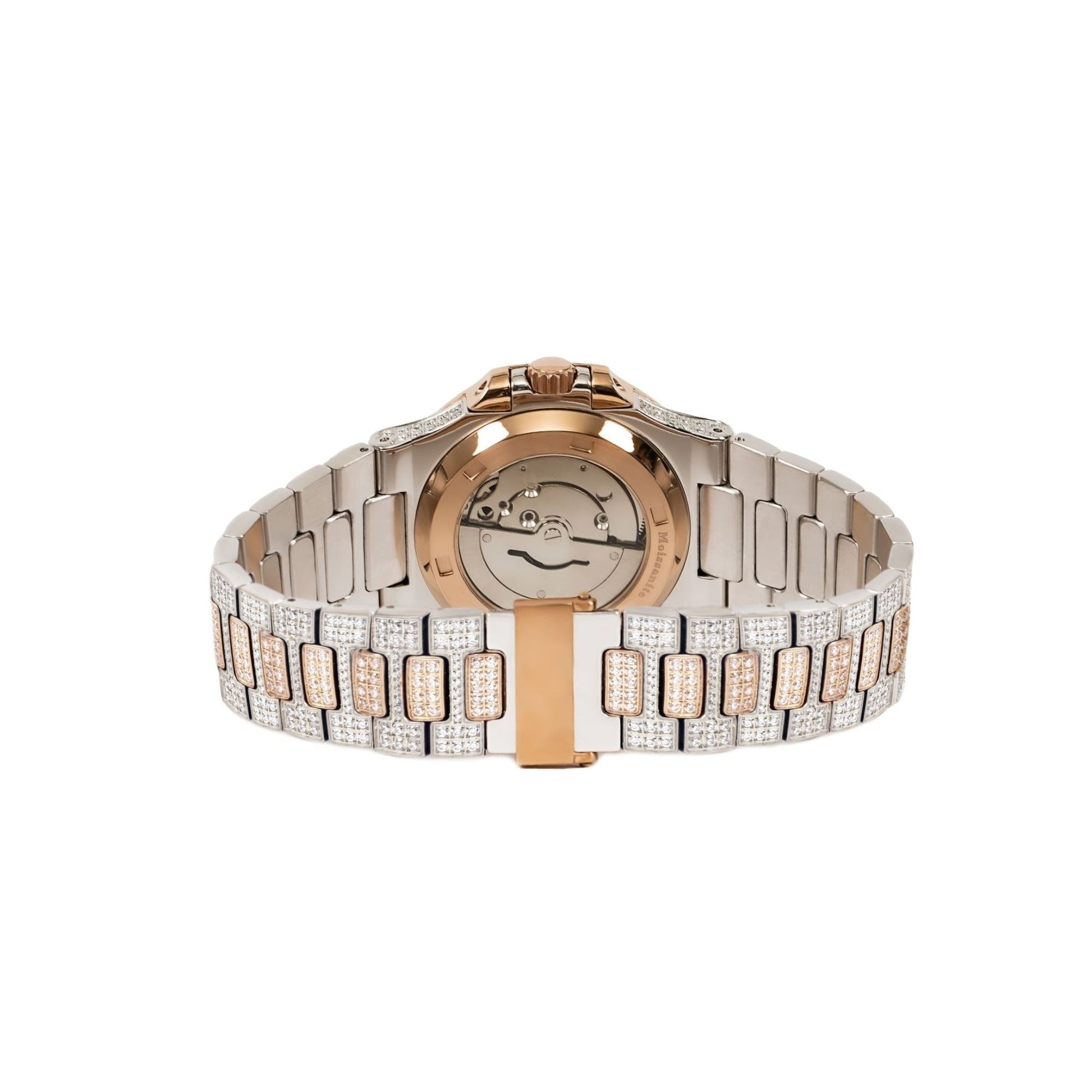 Moissanite Stainless Steel Rose Two Tone Band Mens Watch 18-1/3 Cttw