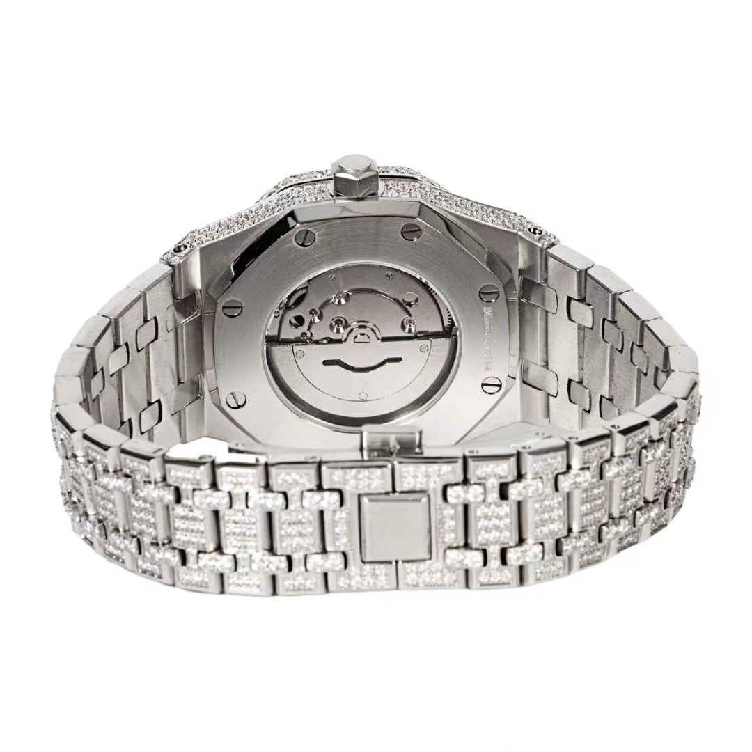 Moissanite Stainless Steel Skeleton Dial White Band Mens Watch