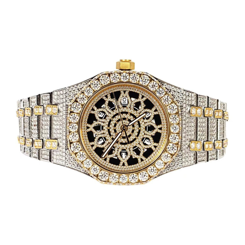 Moissanite Stainless Steel Two Tone Yellow Band Mens Watch