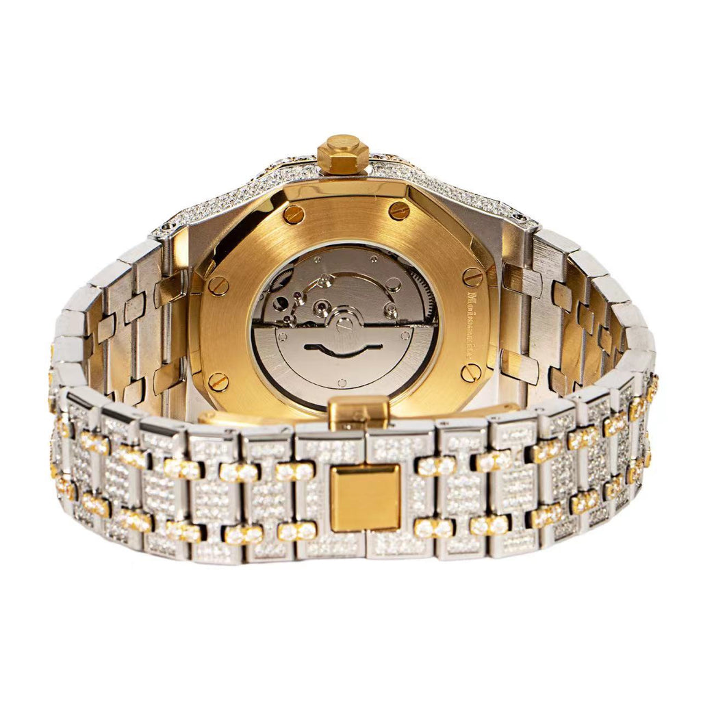 Moissanite Stainless Steel Two Tone Yellow Band Mens Watch