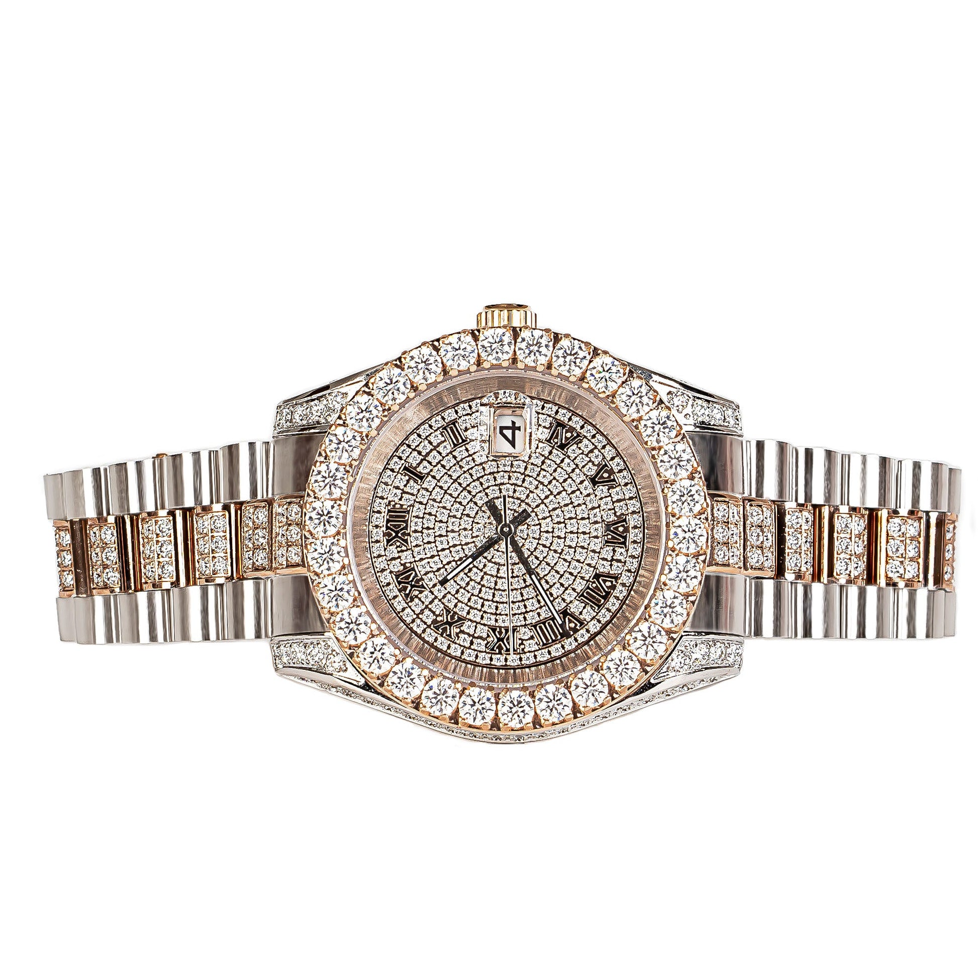 Moissanite Stainless Steel Mens Rose White Two Tone Steel Band Watch