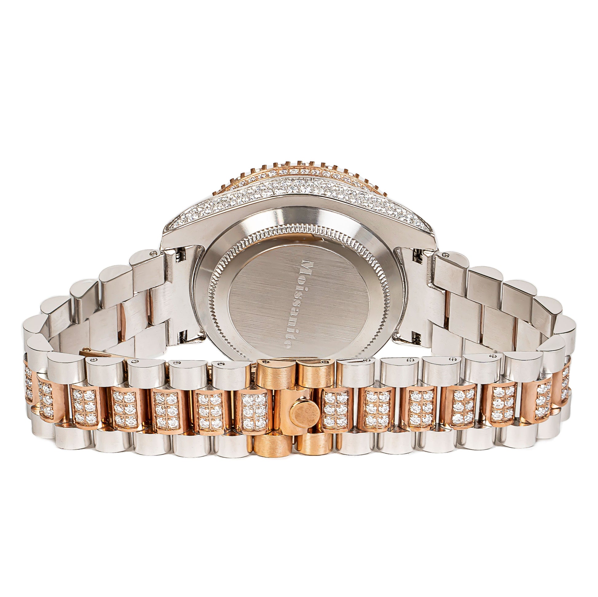 Moissanite Stainless Steel Mens Rose White Two Tone Steel Band Watch