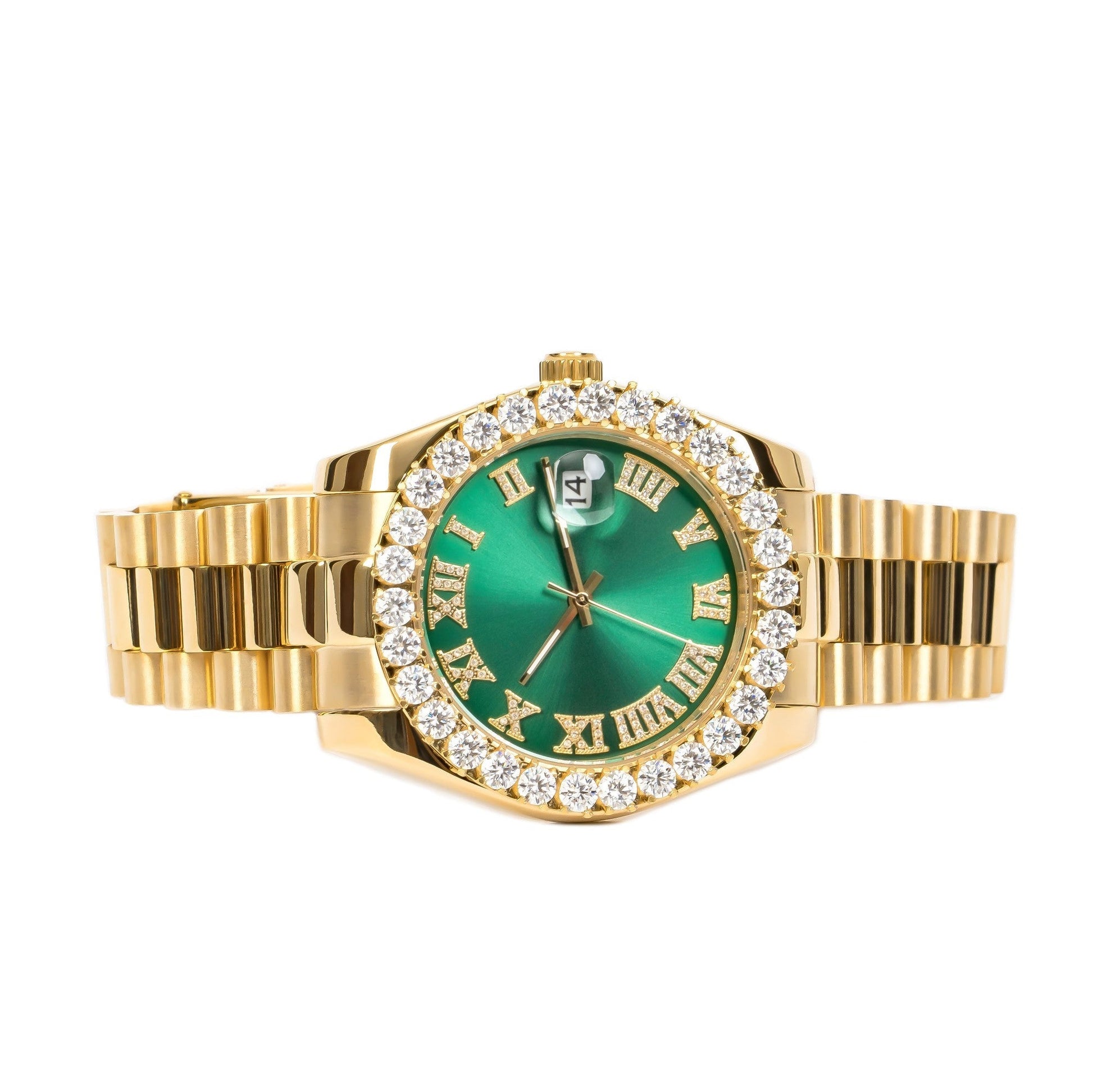 Moissanite Stainless Steel Green Dial Mens Yellow Steel Band Watch