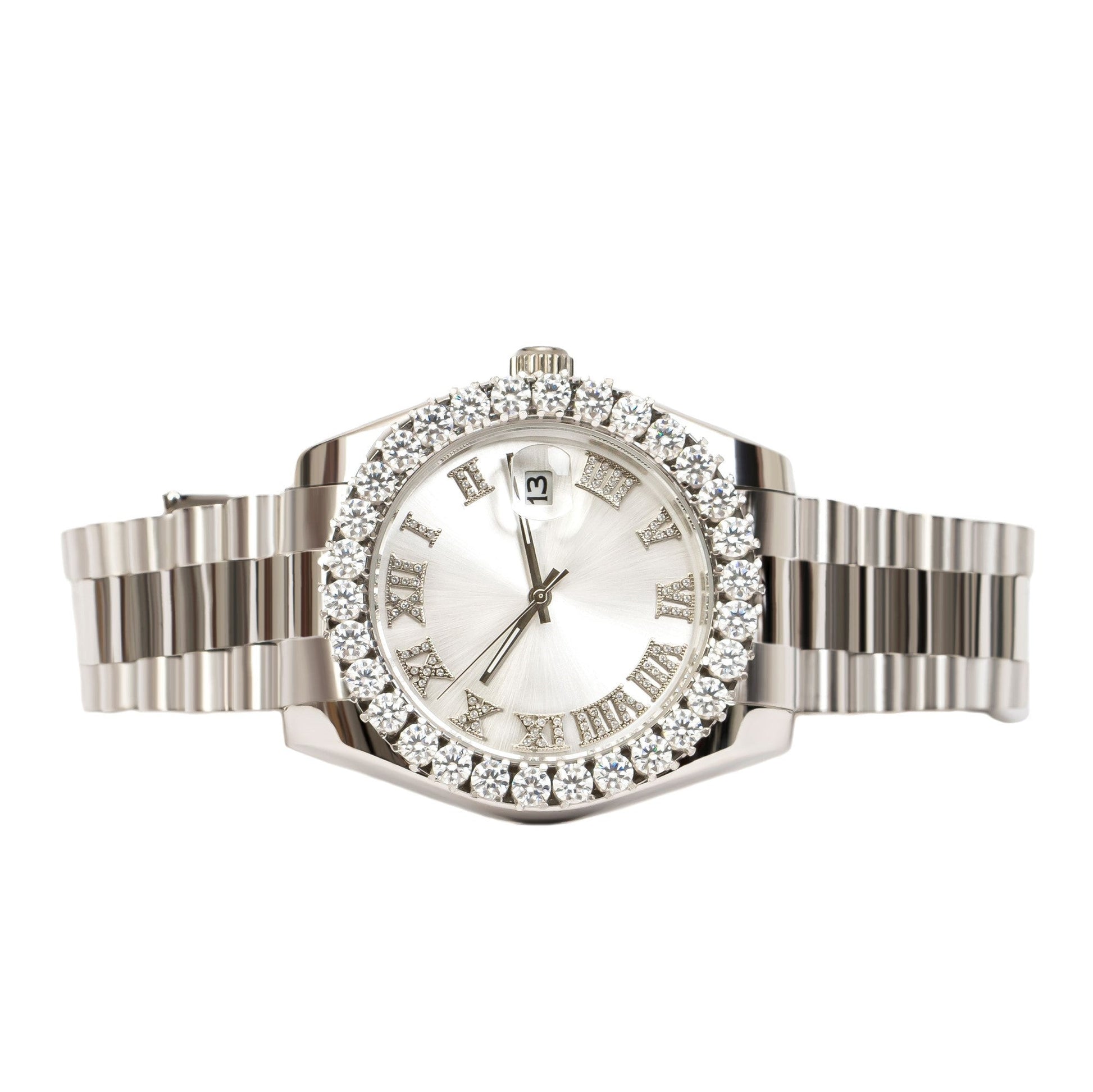 Moissanite Stainless Steel Silver Dial Mens White Steel Band Watch