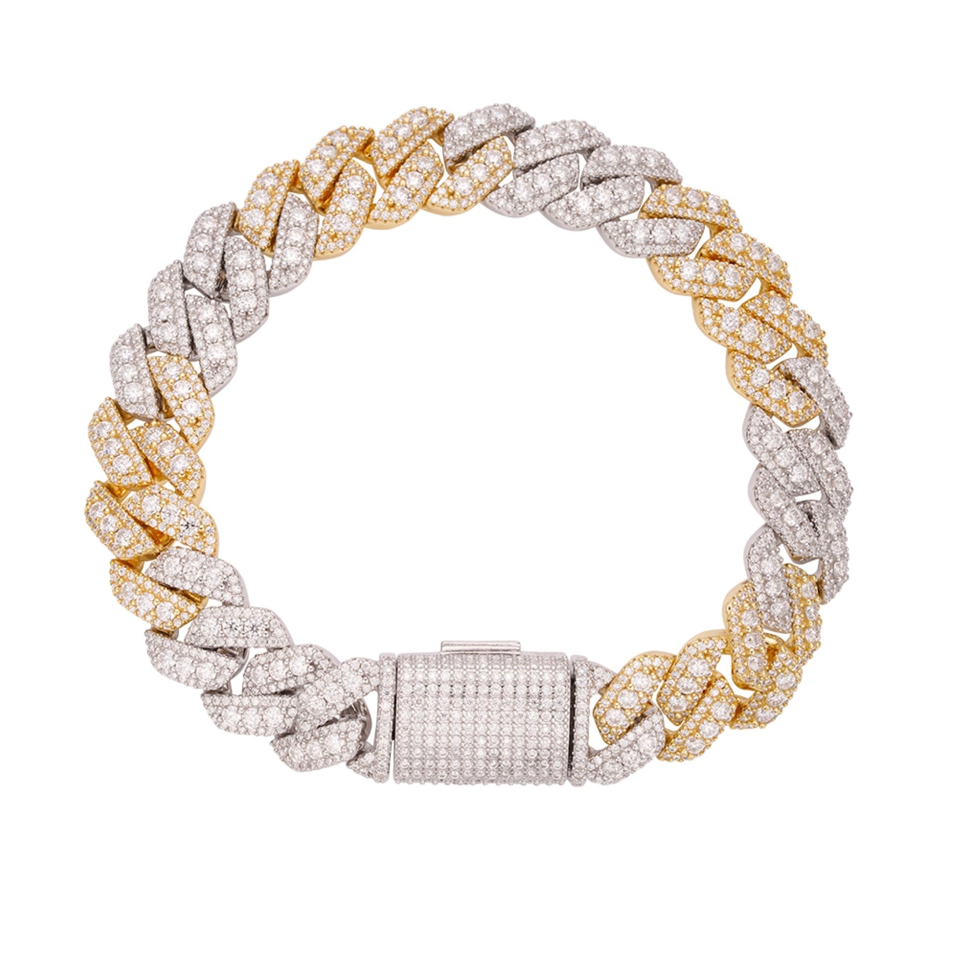 Sterling Silver Round Big Stone in Center Surrounded with Small Stones 12mm Moissanite Cuban Chain 8Inch Bracelet RP+GP 10-7/8 Cttw