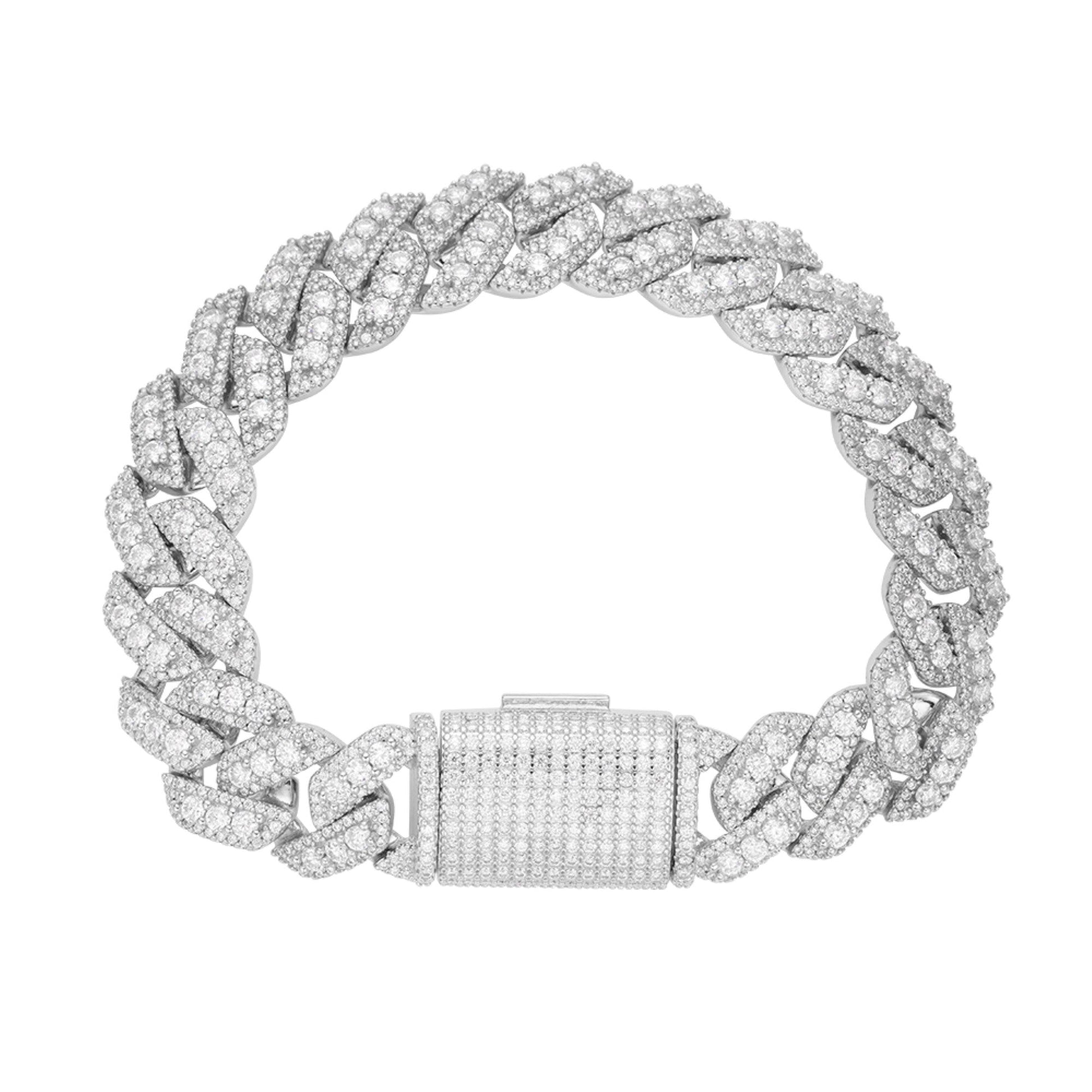 Sterling Silver Round Big Stone in Center Surrounded with Small Stones 14mm Moissanite Cuban Chain 8Inch Bracelet RP 12-3/4 Cttw