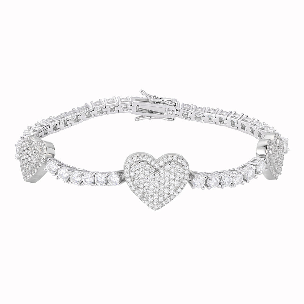 Sterling Silver Round Moissanite 15mm Heart Designer With 3mm Tennis Chain 7 Inch Bracelet RP 1-1/8 Cttw