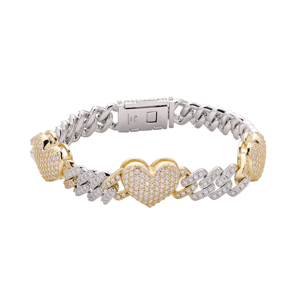 Sterling Silver Round Moissanite Cuban Heart Link Designer 7.5 Inch Bracelet RP+GP 5-5/8 Cttw