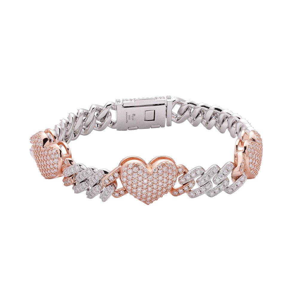 Sterling Silver Round Moissanite Cuban Heart Link Designer 7.5 Inch Bracelet RP+PP 5-5/8 Cttw