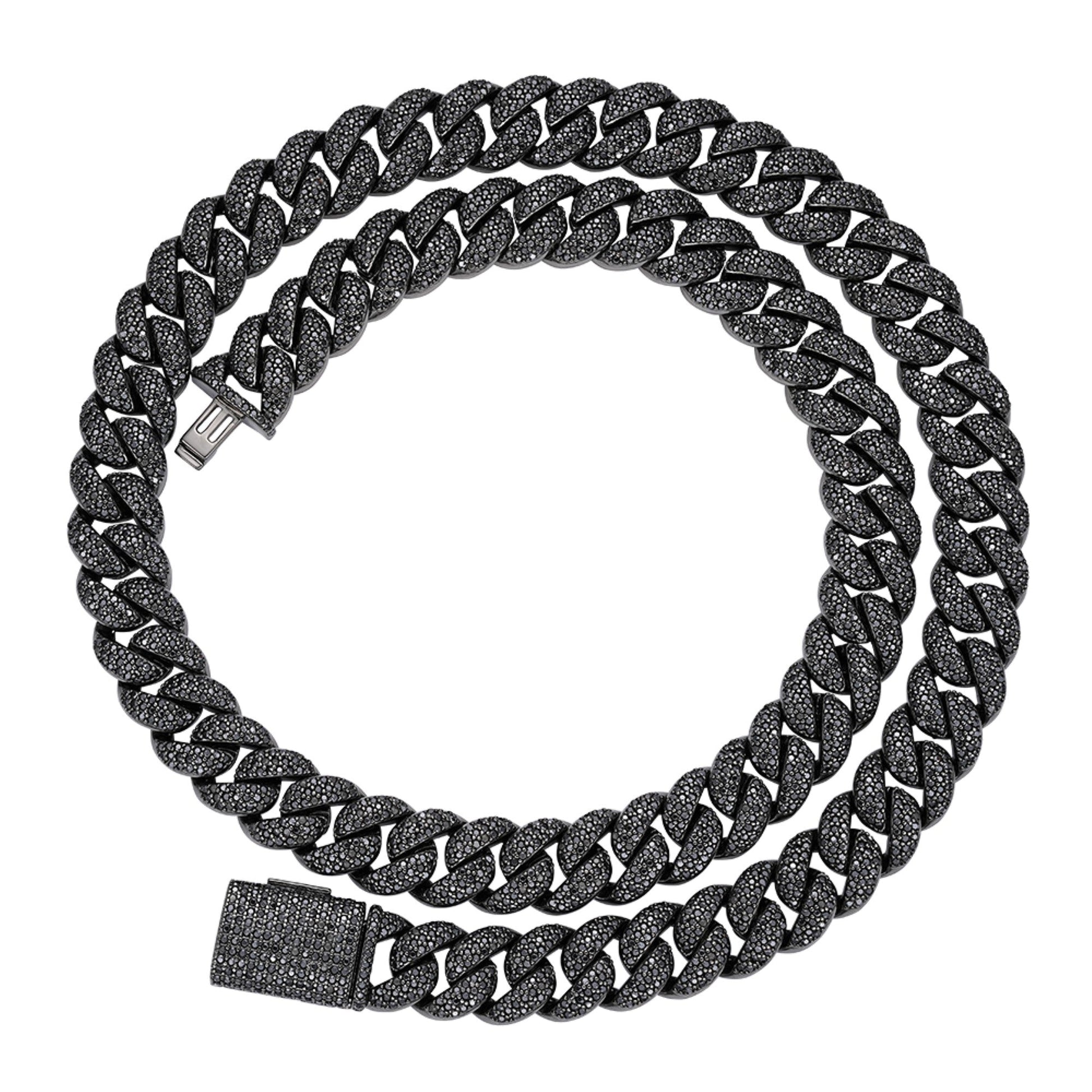 Sterling Silver 12mm Round Black Moissanite Miami Cuban Chain 22 Inch Mens Necklace BP+BP 19-5/8 Cttw