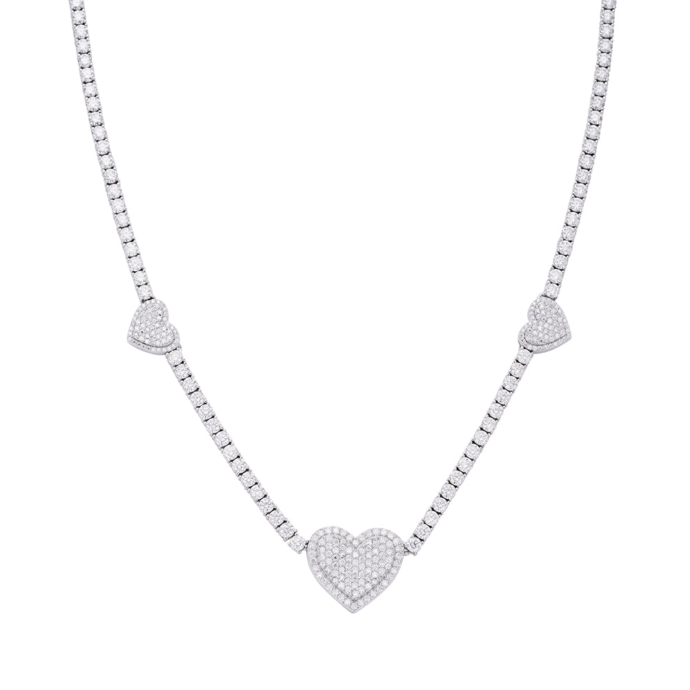 Sterling Silver Round Moissanite 15mm Heart Designer With 3mm Tennis Chain 18 Inch Necklace RP 1-1/3 Cttw