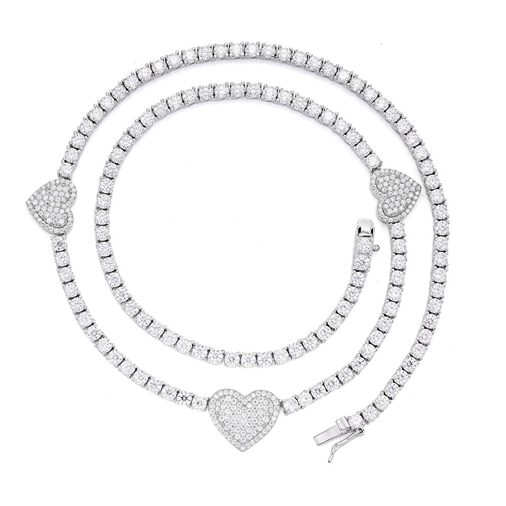 Sterling Silver Round Moissanite 15mm Heart Designer With 3mm Tennis Chain 18 Inch Necklace RP 1-1/3 Cttw