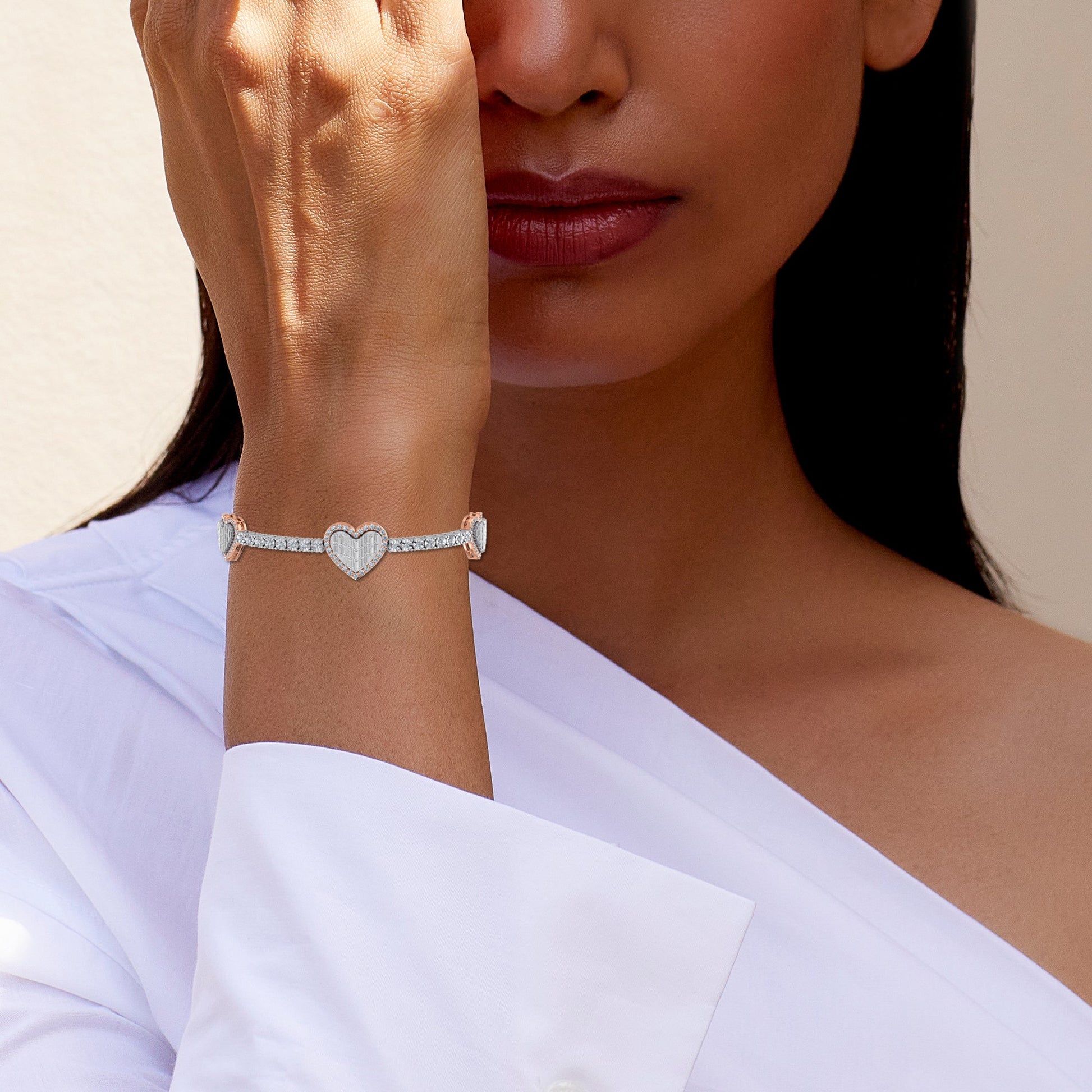 10K Rose White Two Tone Round Baguette Diamond Heart Designer 7 Inch Bracelet 1-3/8 Cttw