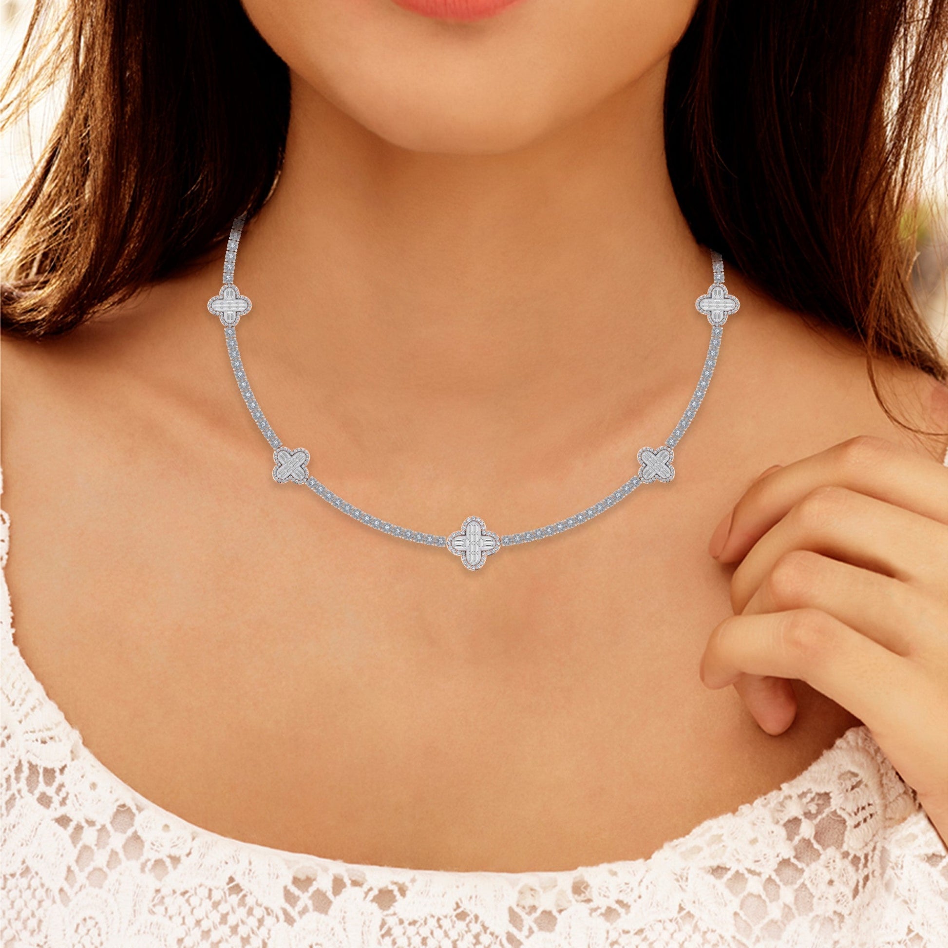 10K Rose White Two Tone Round Baguette Diamond Designer 18 Inch Necklace 2-1/5 Cttw